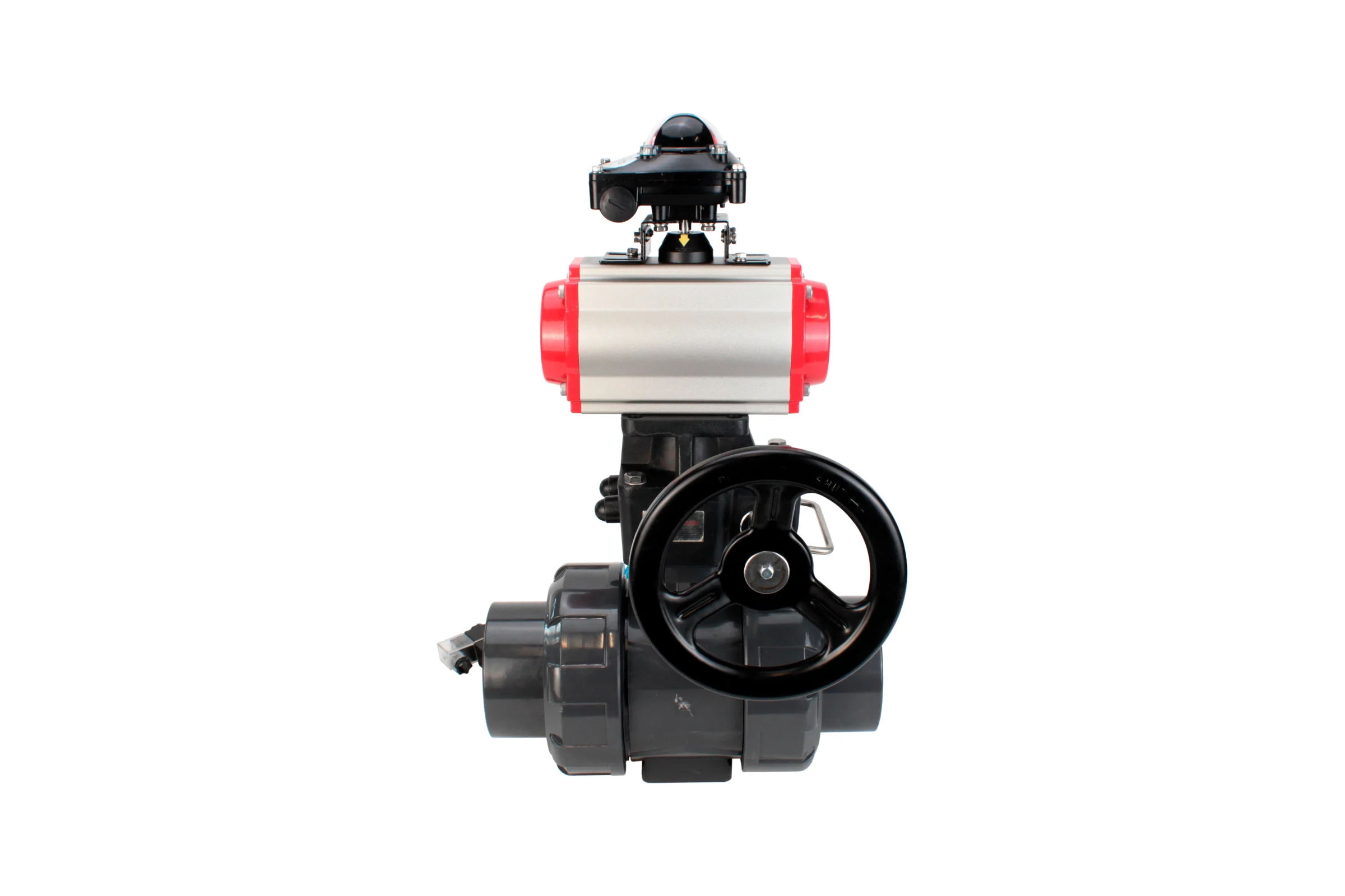 Кран шаровой НПВХ-НПВХ-E-FP-GRM-ISO Ду40 Ру10 DN.ru с пневмоприводом, пневмораспределителем, БКВ, ручным дублером D160-67194