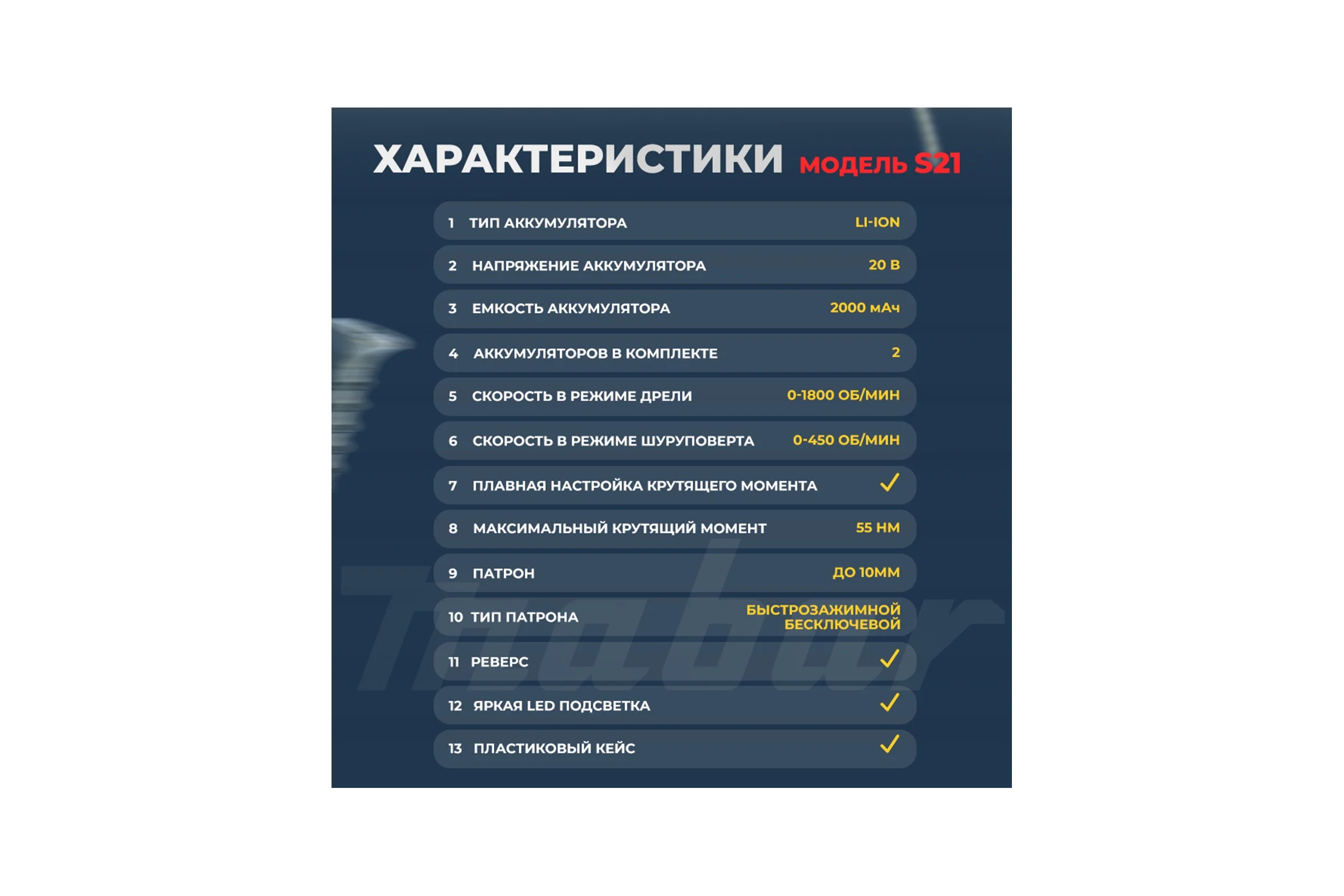 Аккумуляторная бесщёточная Дрель-Шуруповёрт MABAR S21-MK