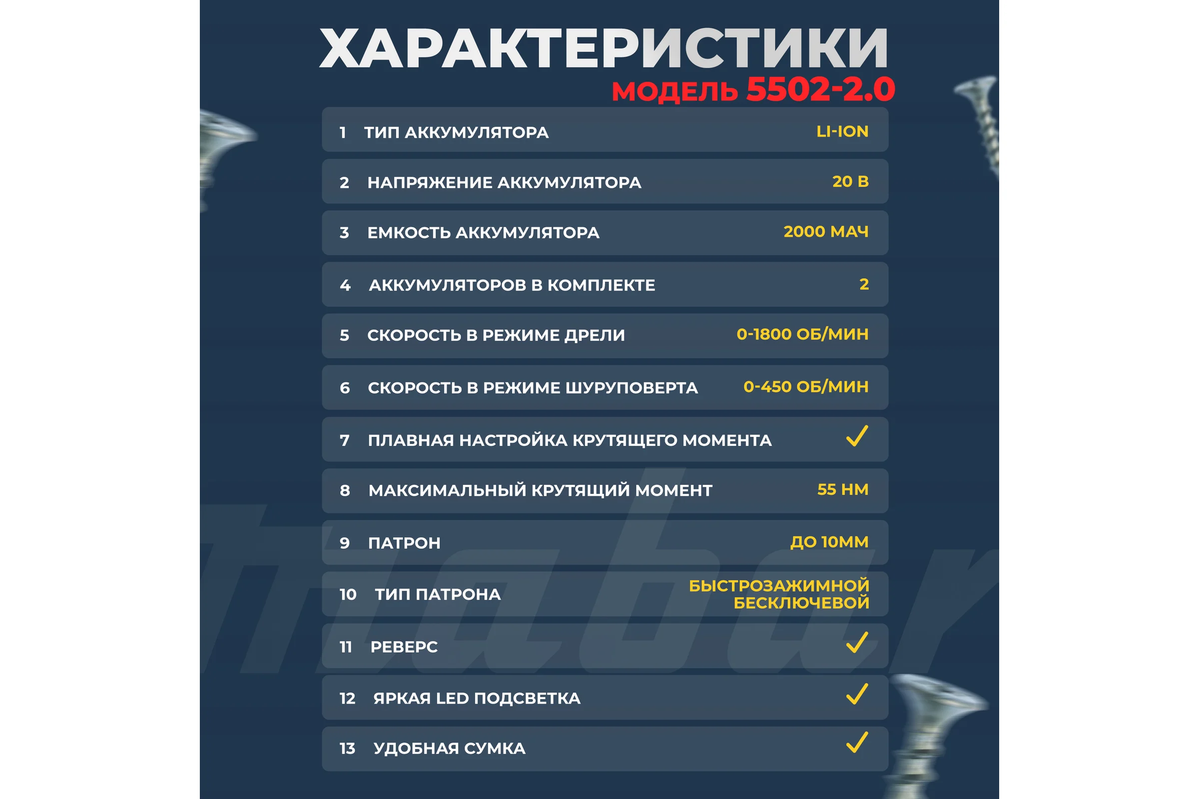 Аккумуляторная бесщёточная Дрель-Шуруповёрт MABAR УДАРНАЯ 5502-МК-2.0AH 5502-МК-2.0АН