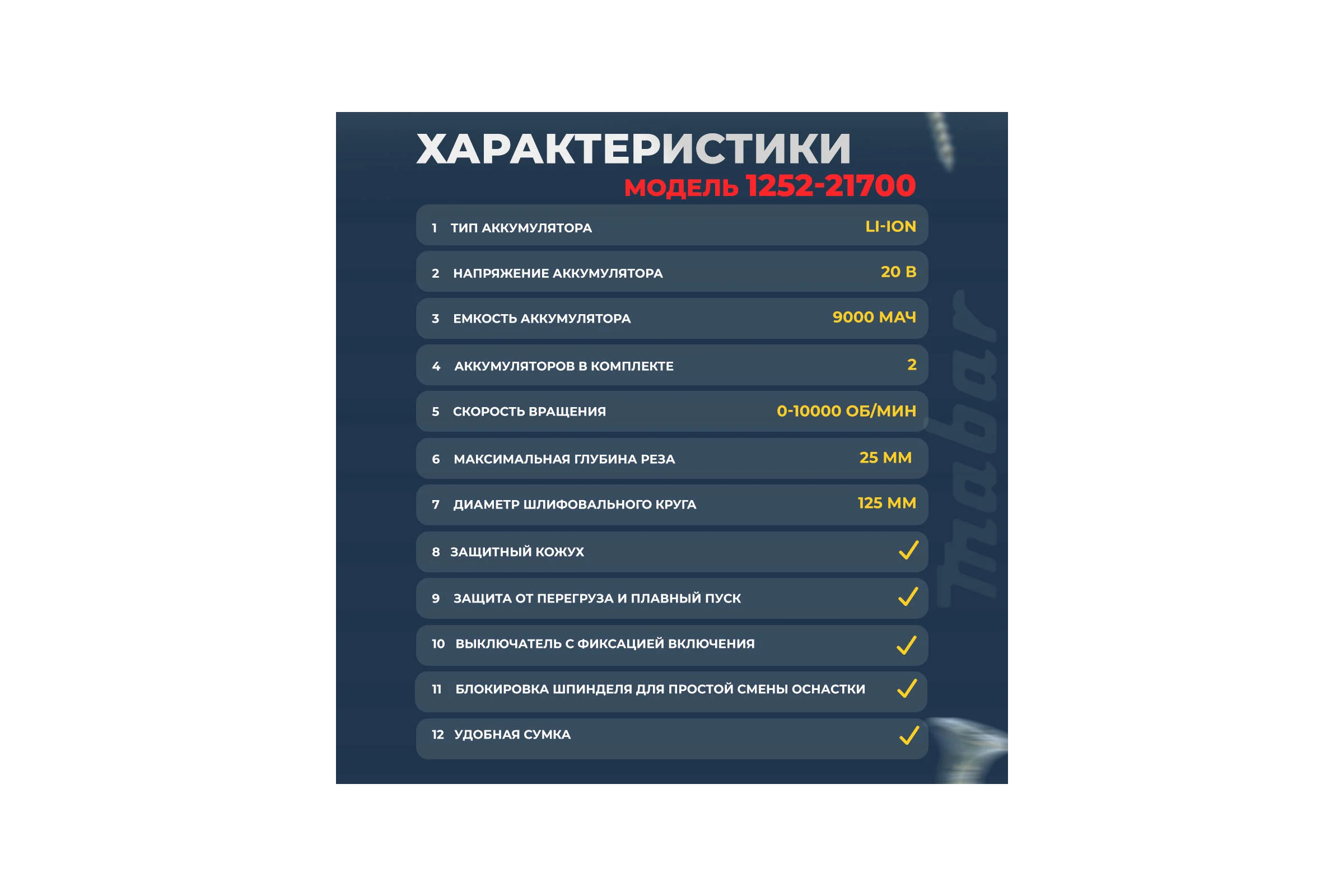 УШМ бесщёточная MABAR с литиево-ионным аккумулятором 1252-МК-8.0