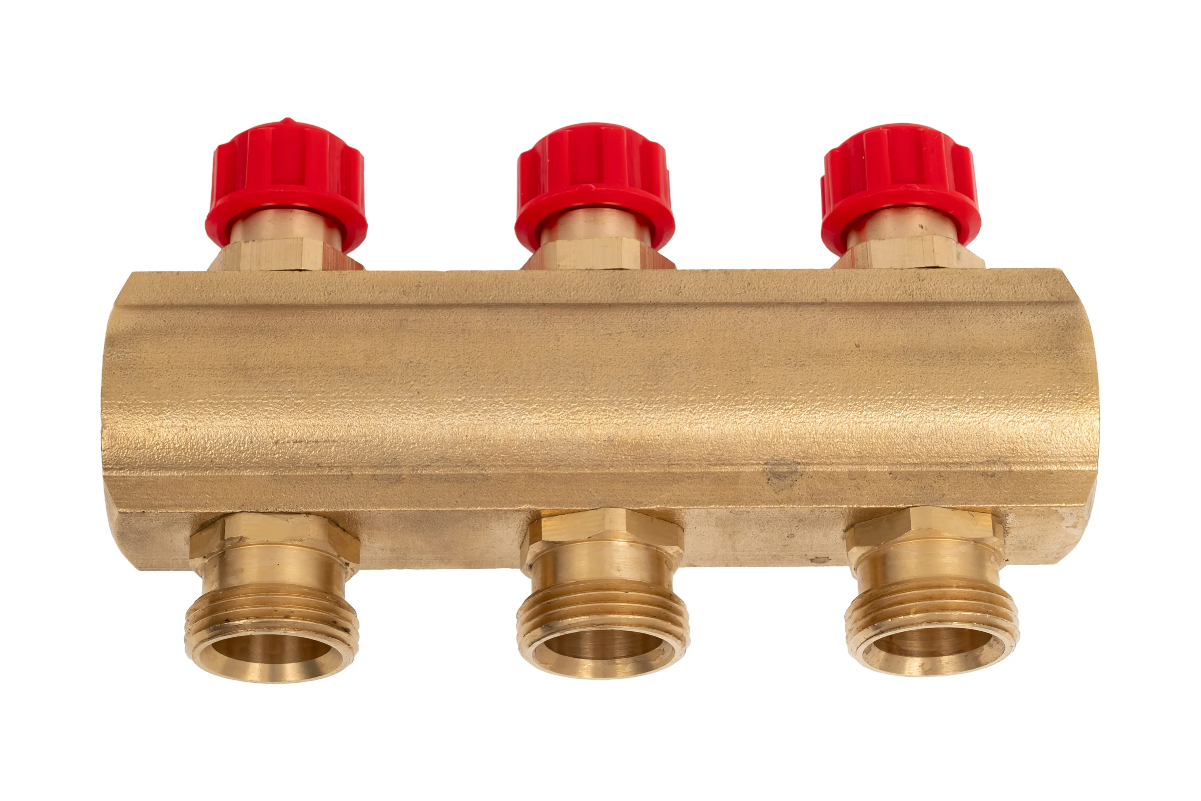 Коллектор латунный АПОГЕЙ КЛА 2503.050-4-ВКМ(К) DN25 ВР1 м/о 50 мм НР3/4ЕК с вентилями коллекторными с красным маховиком на 3 выхода 410415