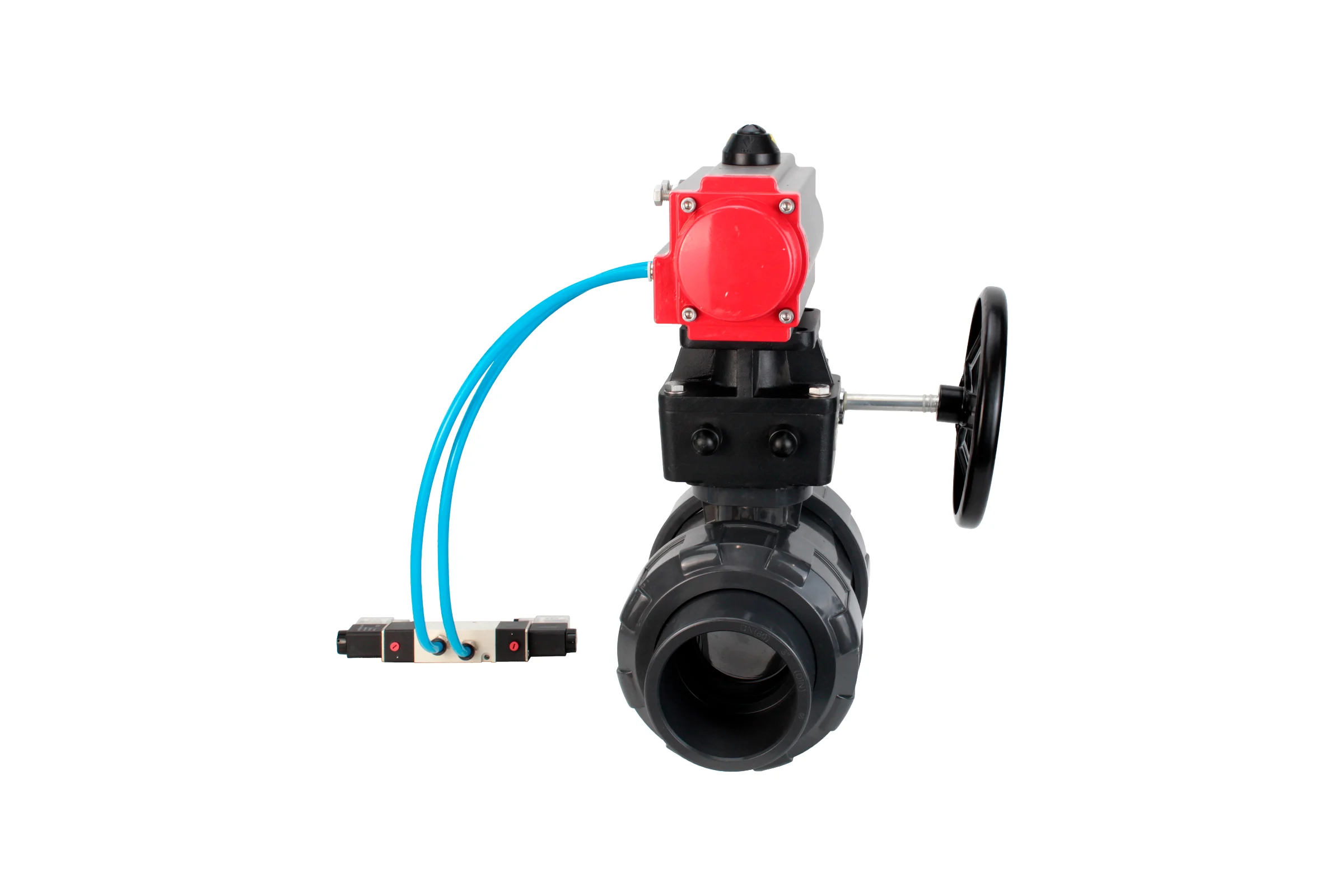 Кран шаровой НПВХ-НПВХ-E-FP-GRM-ISO Ду32 Ру10 DN.ru с пневмоприводом, пневмораспределителем, ручным дублером D160-67166