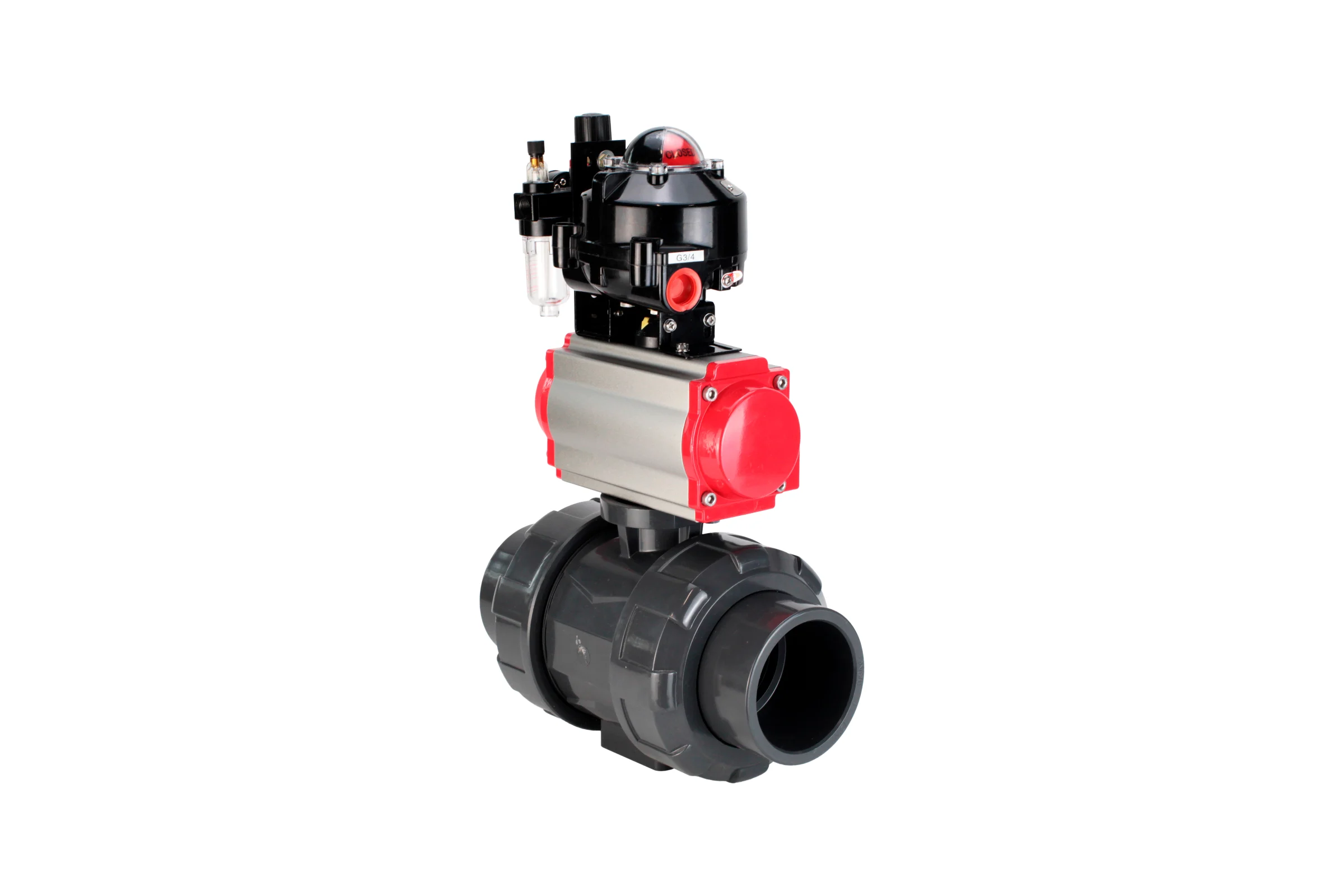 Кран шаровой НПВХ-НПВХ-E-FP-GRM-ISO Ду40 Ру10 DN.ru с пневмоприводом, пневмораспределителем, БПВ, БКВ D160-67437