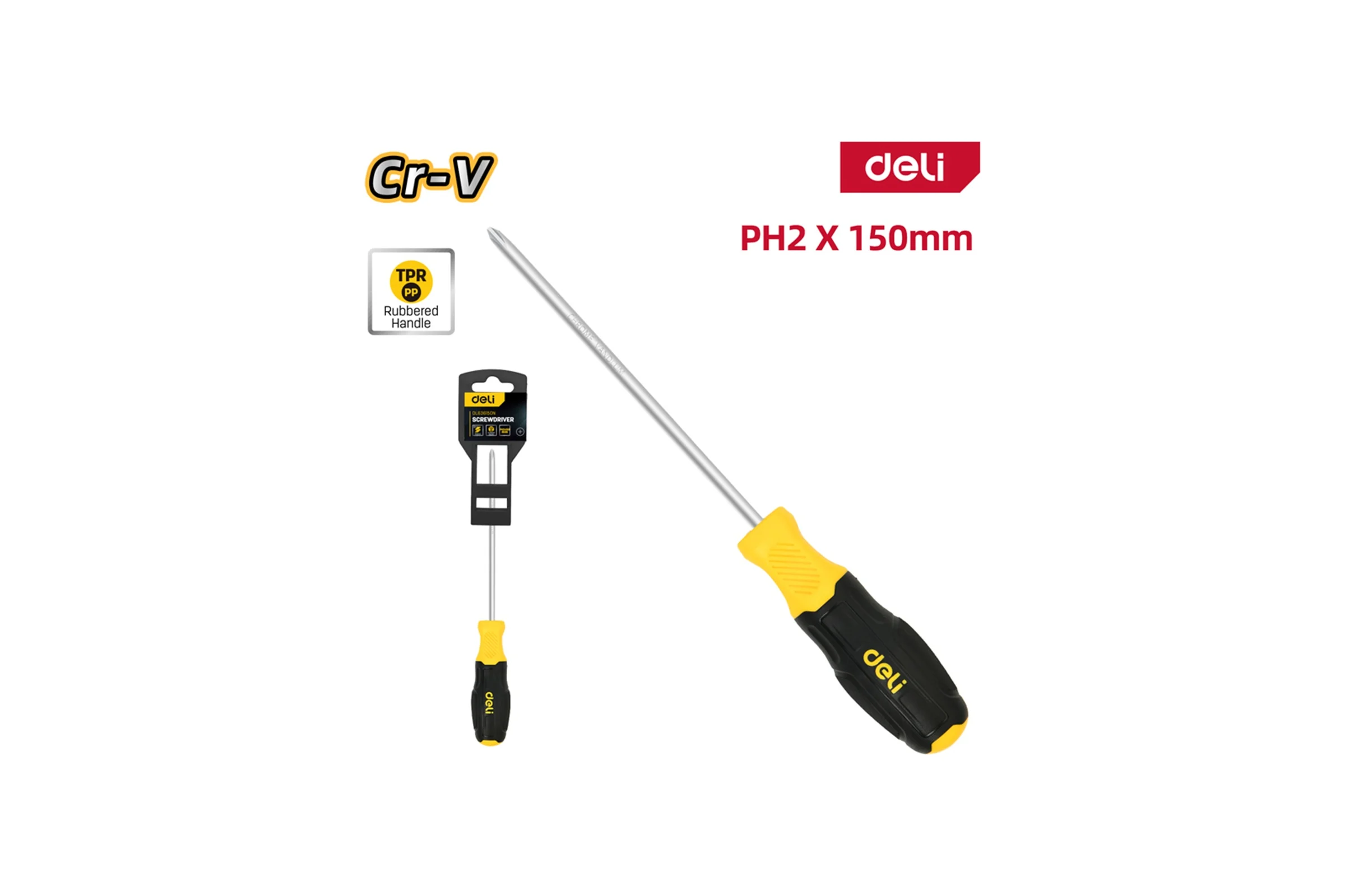 Крестовая отвертка DELI PH2x150мм, DL636150N, сталь Cr-V, двухкомпонентная прорезиненная рукоять 183576
