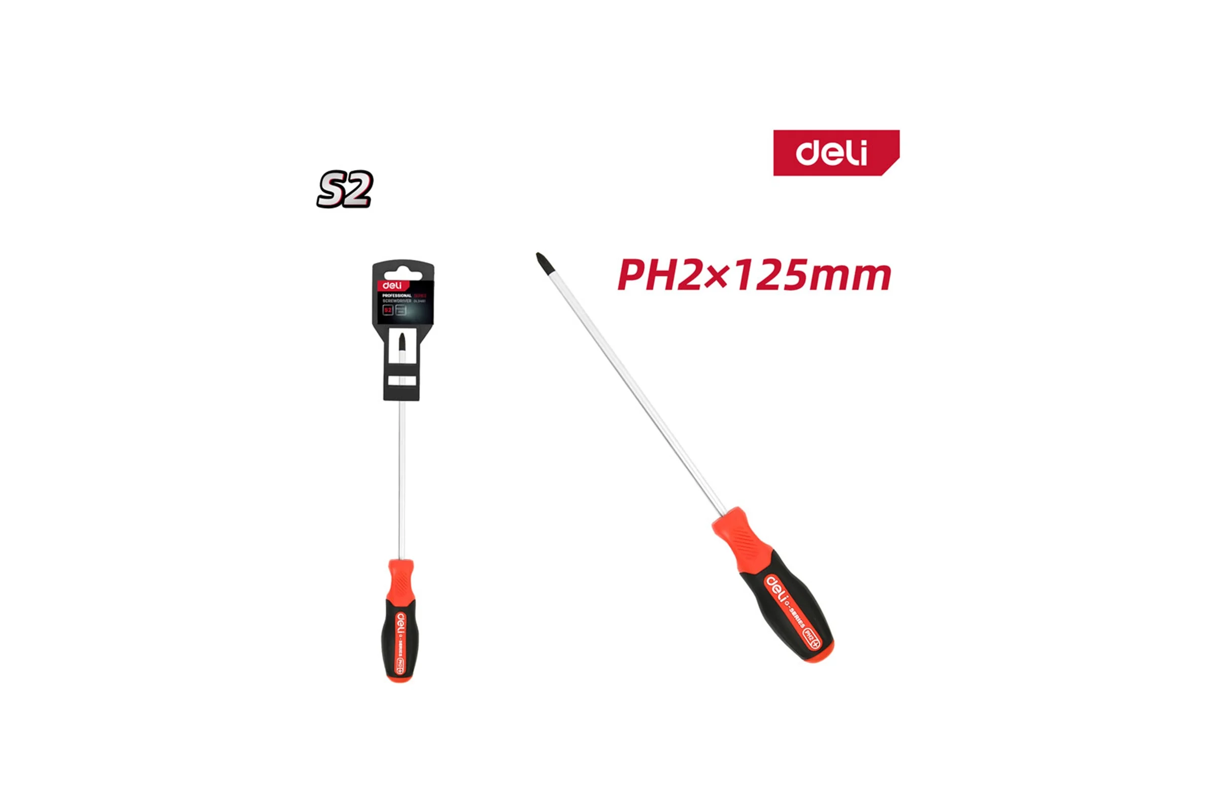 Крестовая отвертка DELI PH2x125мм, DL3461, сталь S2, магнит, прорезиненная рукоятка 180147