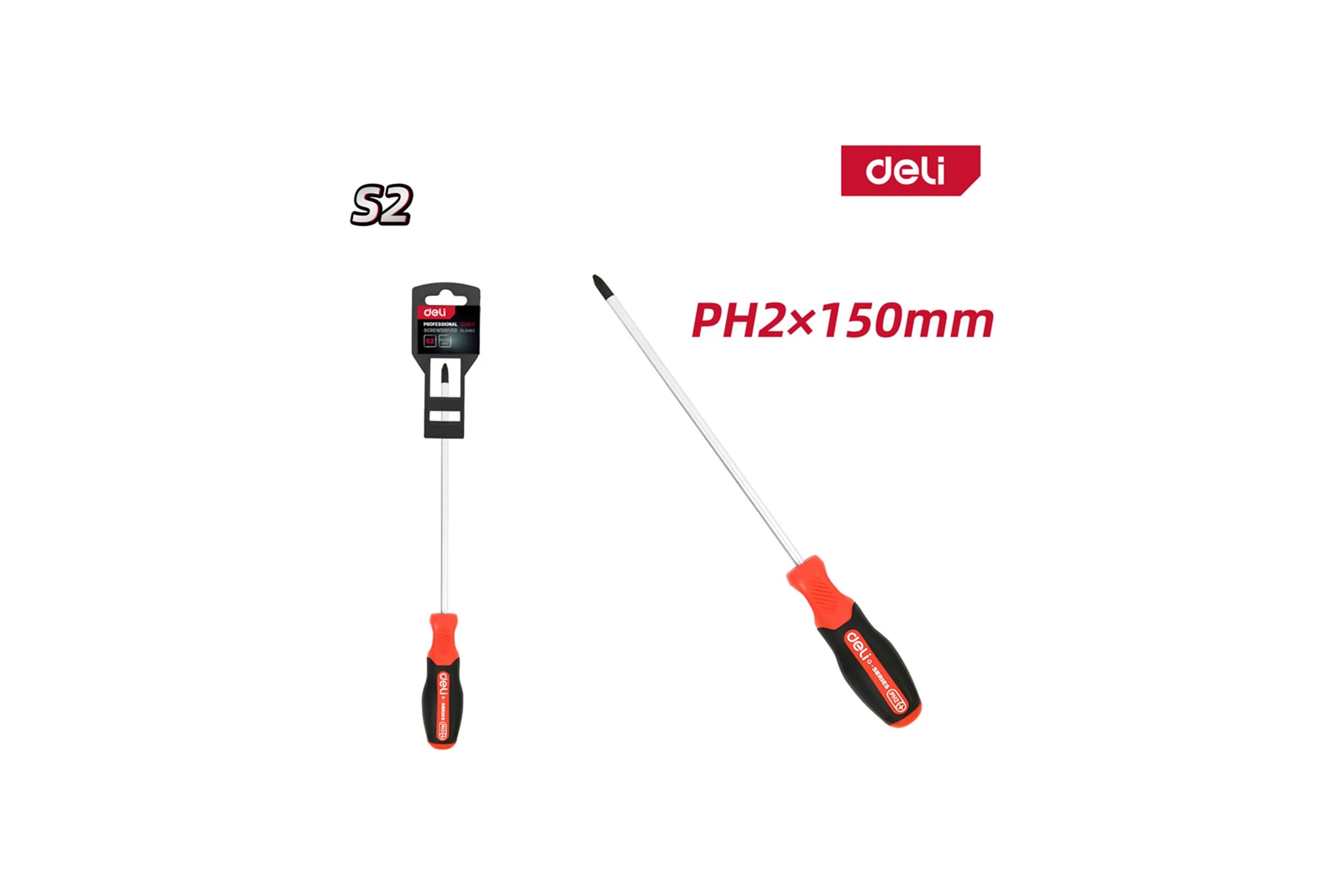 Крестовая отвертка DELI PH2x150мм, DL3462, сталь S2, магнит, прорезиненная рукоятка 180148