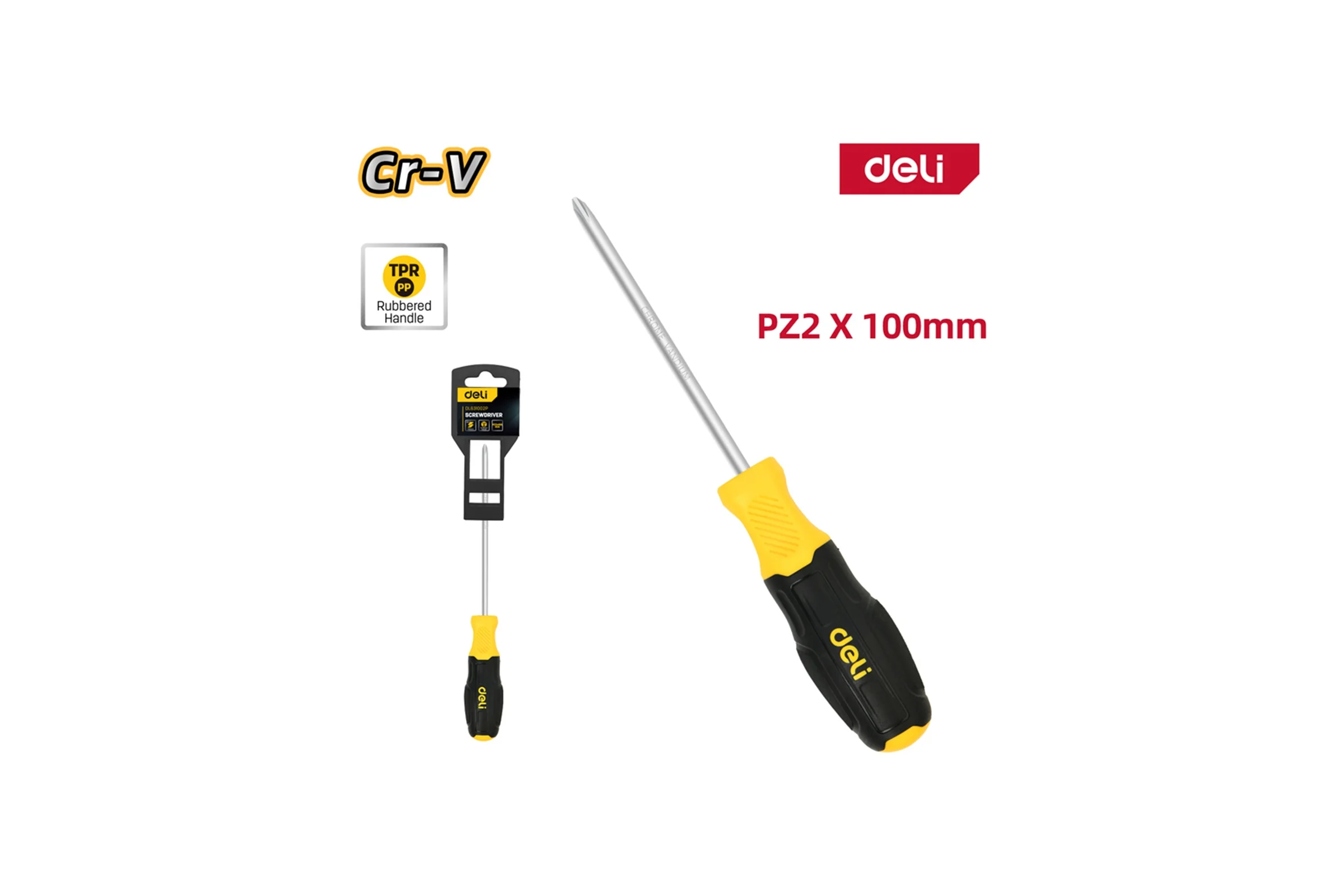 Отвертка Deli Pozidriv PZ2x100мм DL631002P, сталь Cr-V, двухкомпонентная прорезиненная рукоять 183591