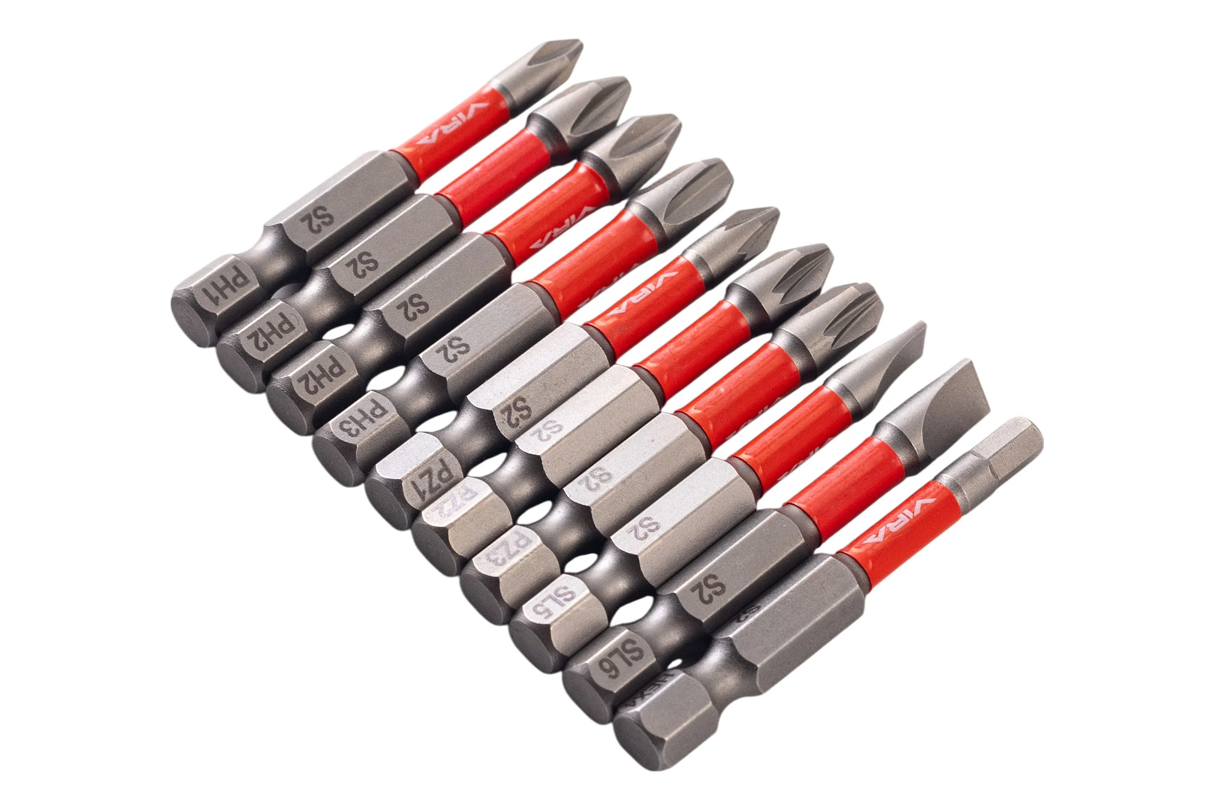 Набор бит для шуруповерта магнитные торсионные VIRA S2 PH1 PH2 PH3 PZ1 PZ2 PZ3 SL5 SL6 HEX4 длина 50 мм 10 шт 554184