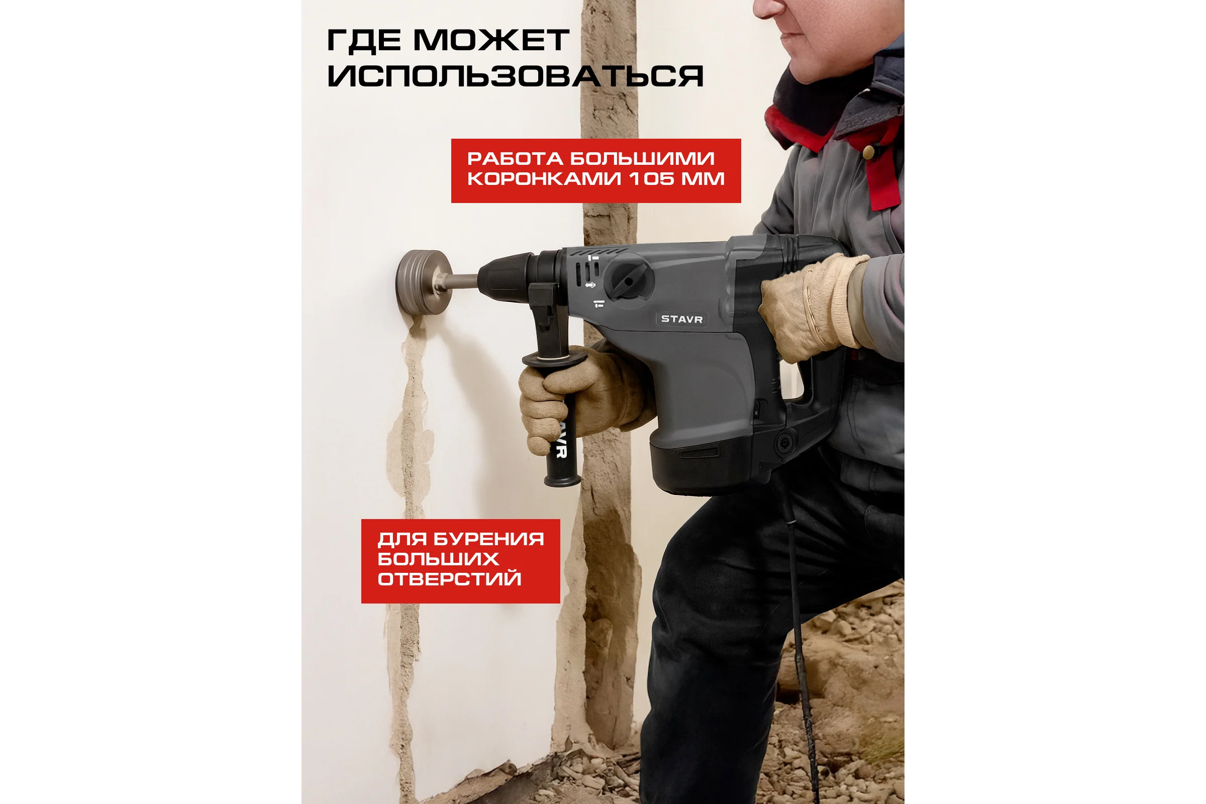 Перфоратор Ставр SDS-MAX, 40мм, вертик, 1200Вт, Stavr SBH 1200-40, 2 реж,AVS, индик, 10Дж,235-500об/мин с рег-ой, 1350-2800уд/мин,кабель 5м (набор осн,кейс) 9030300324