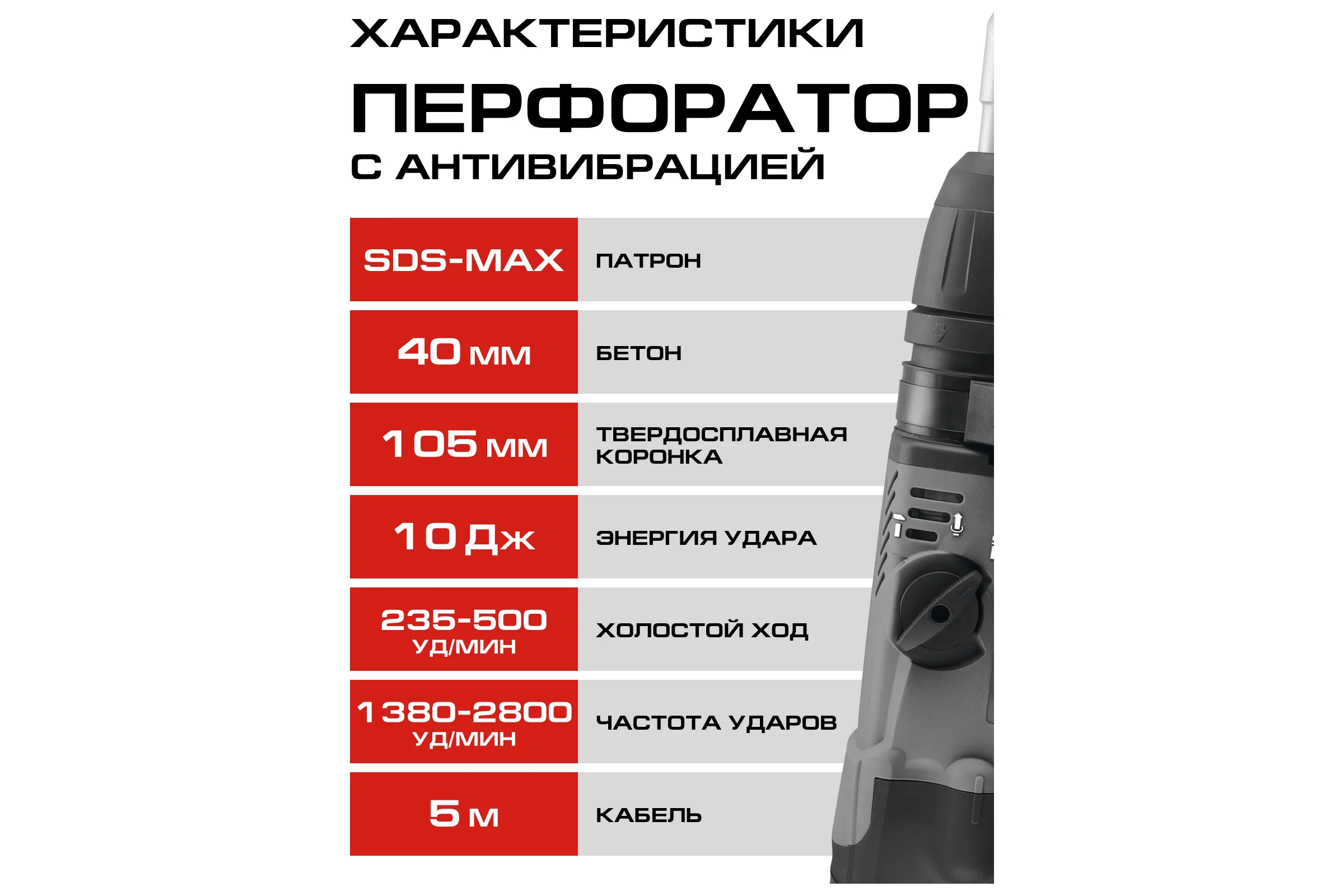 Перфоратор Ставр SDS-MAX, 40мм, вертик, 1200Вт, Stavr SBH 1200-40, 2 реж,AVS, индик, 10Дж,235-500об/мин с рег-ой, 1350-2800уд/мин,кабель 5м (набор осн,кейс) 9030300324