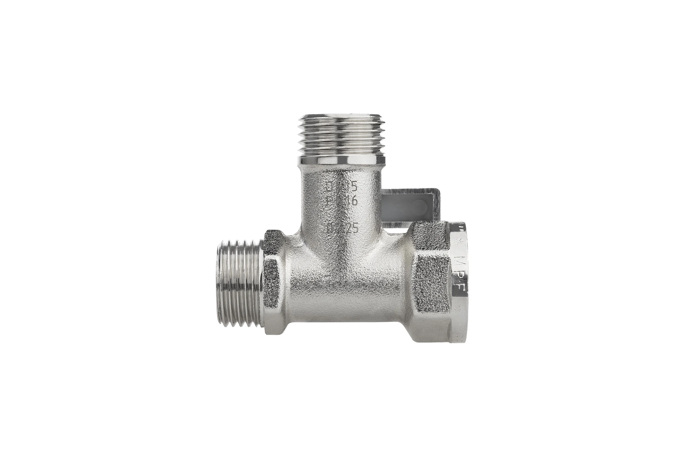 Кран шаровой трёхпроходной для быт. техники MPF 1/2" х 1/2" х 1/2" в/н/н, латунь никл., ГОСТ ИС.081198