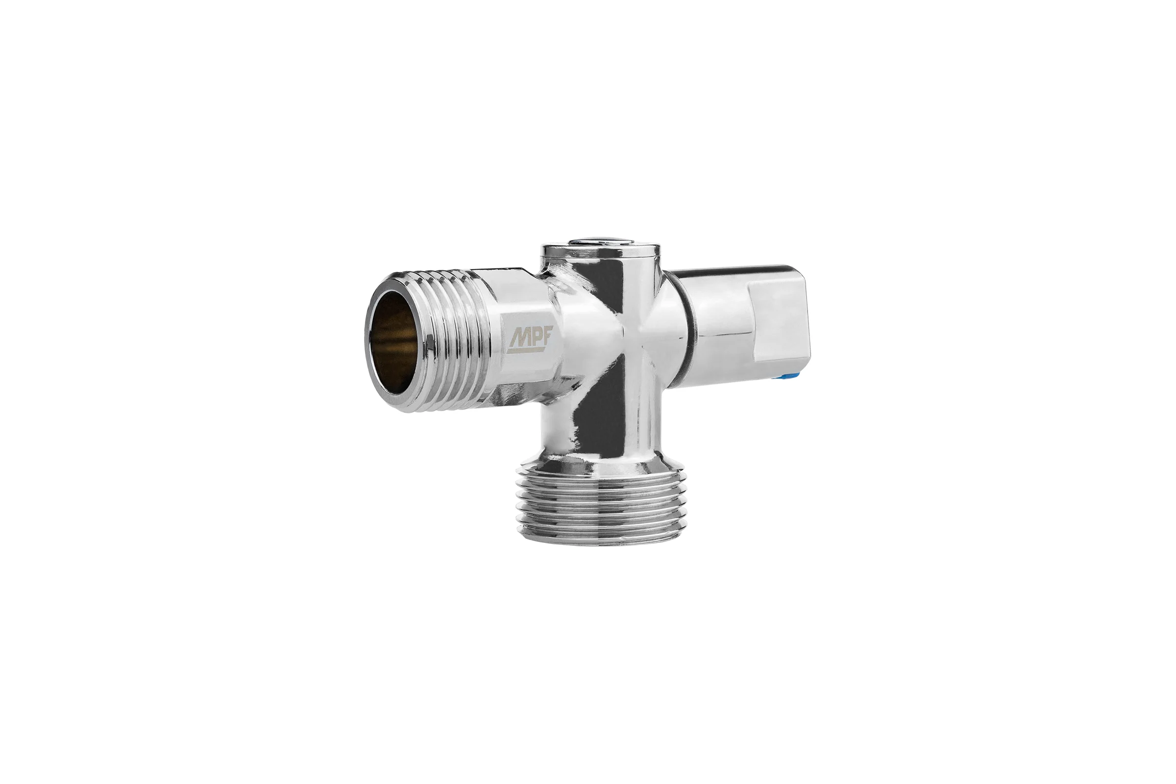 Кран для стиральной машины MPF 1/2" х 3/4", шаровой угловой, н/н (ручка сбоку), хромированная латунь, ГОСТ ИС.081201