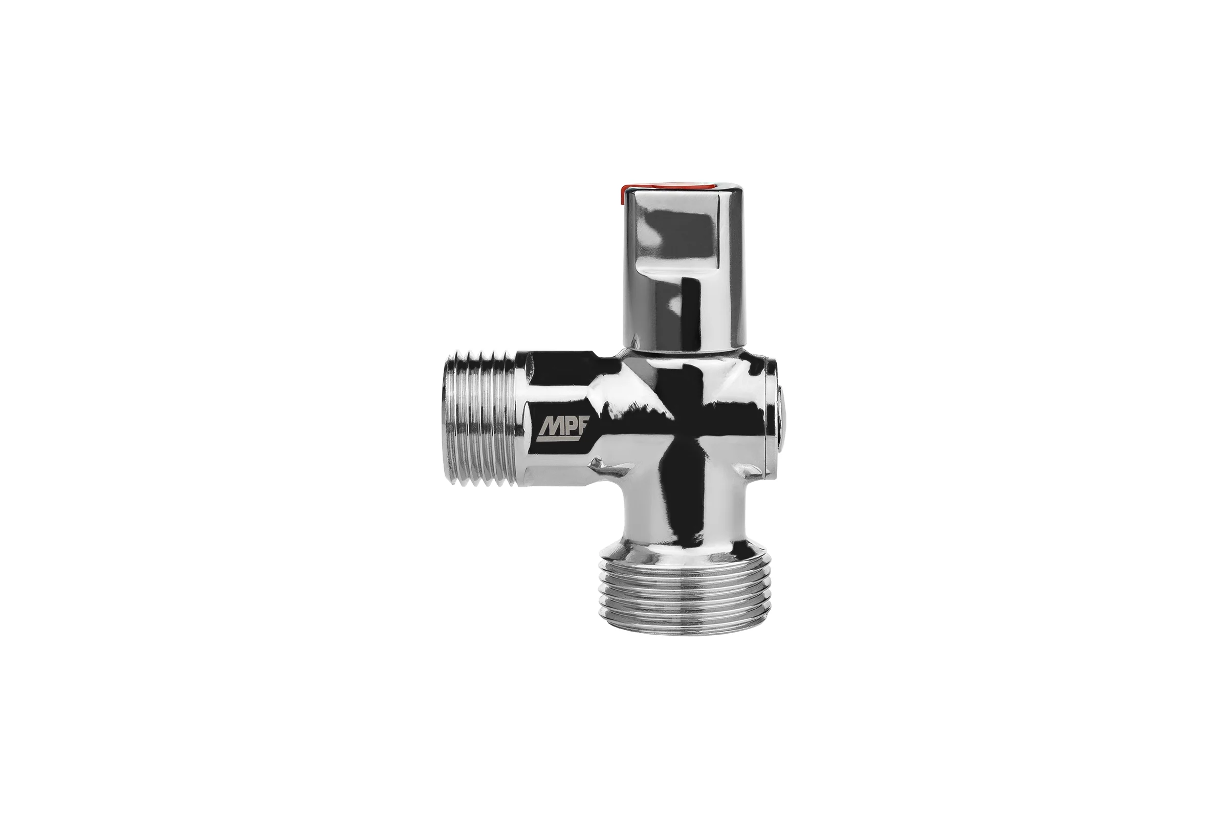 Кран шаровой угловой для быт. техники MPF 1/2" х 3/4" н/н (р-ка верх) ЗЕРКАЛЬНЫЙ ХРОМ. латунь, ГОСТ ИС.081200