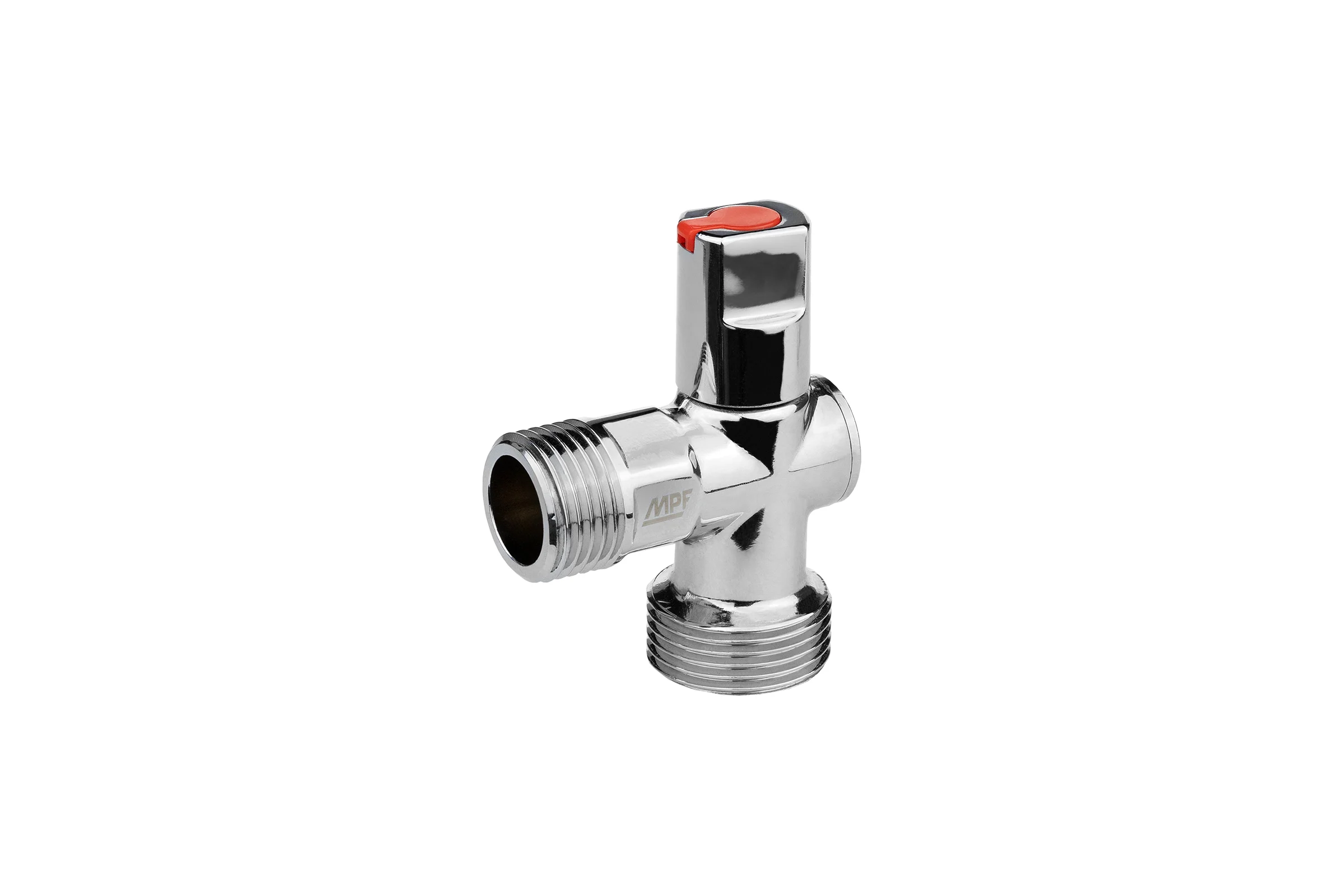 Кран шаровой угловой для быт. техники MPF 1/2" х 3/4" н/н (р-ка верх) ЗЕРКАЛЬНЫЙ ХРОМ. латунь, ГОСТ ИС.081200