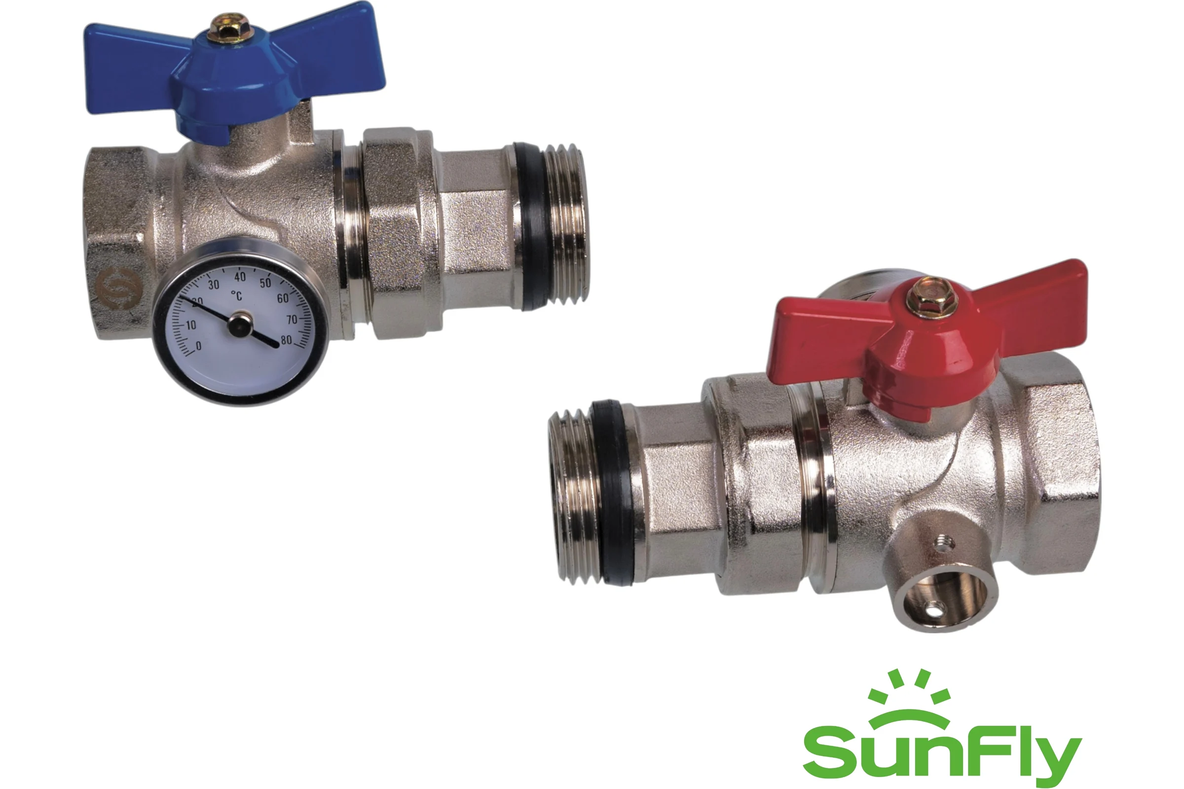 Комплект прямых коллекторных шаровых кранов SUNFLY с термометром 1 (83270-1) SF0343396