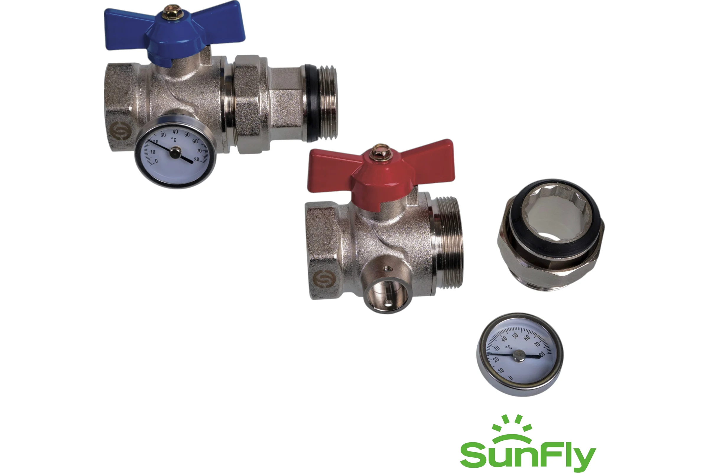 Комплект прямых коллекторных шаровых кранов SUNFLY с термометром 1 (83270-1) SF0343396