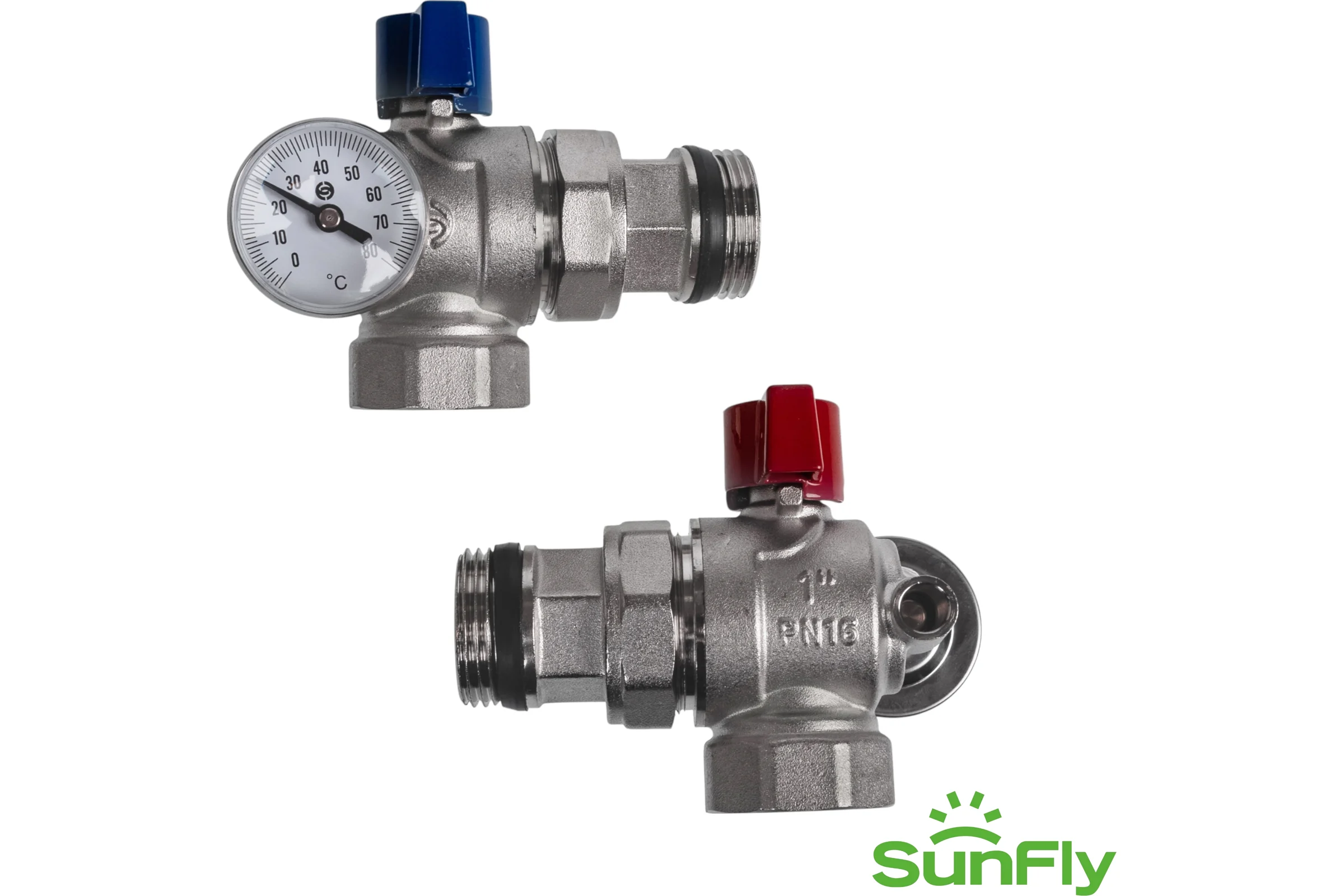 Комплект угловых коллекторных шаровых кранов SUNFLY с термометром 1 (83273-1) SF0343280