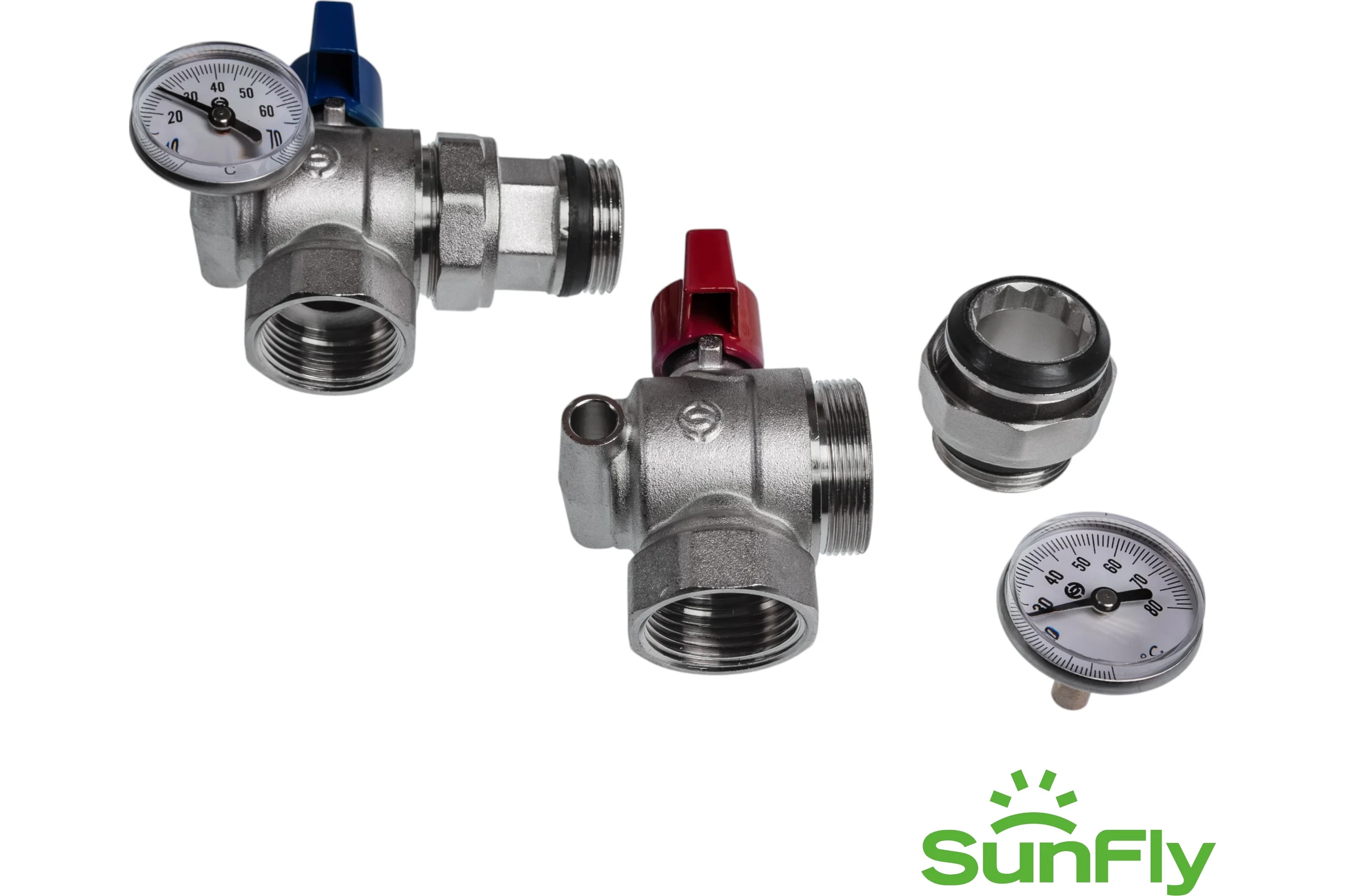 Комплект угловых коллекторных шаровых кранов SUNFLY с термометром 1 (83273-1) SF0343280