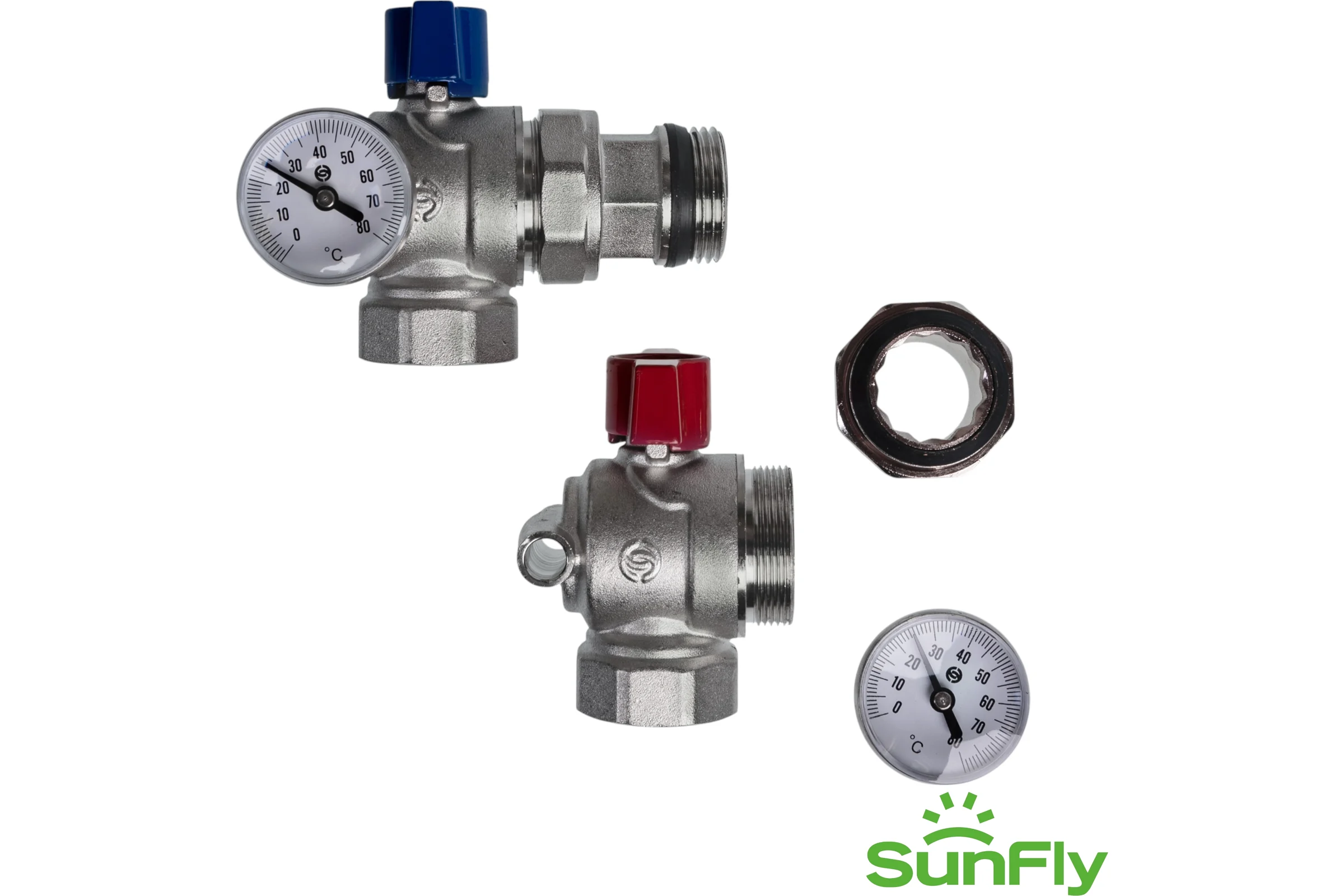 Комплект угловых коллекторных шаровых кранов SUNFLY с термометром 1 (83273-1) SF0343280