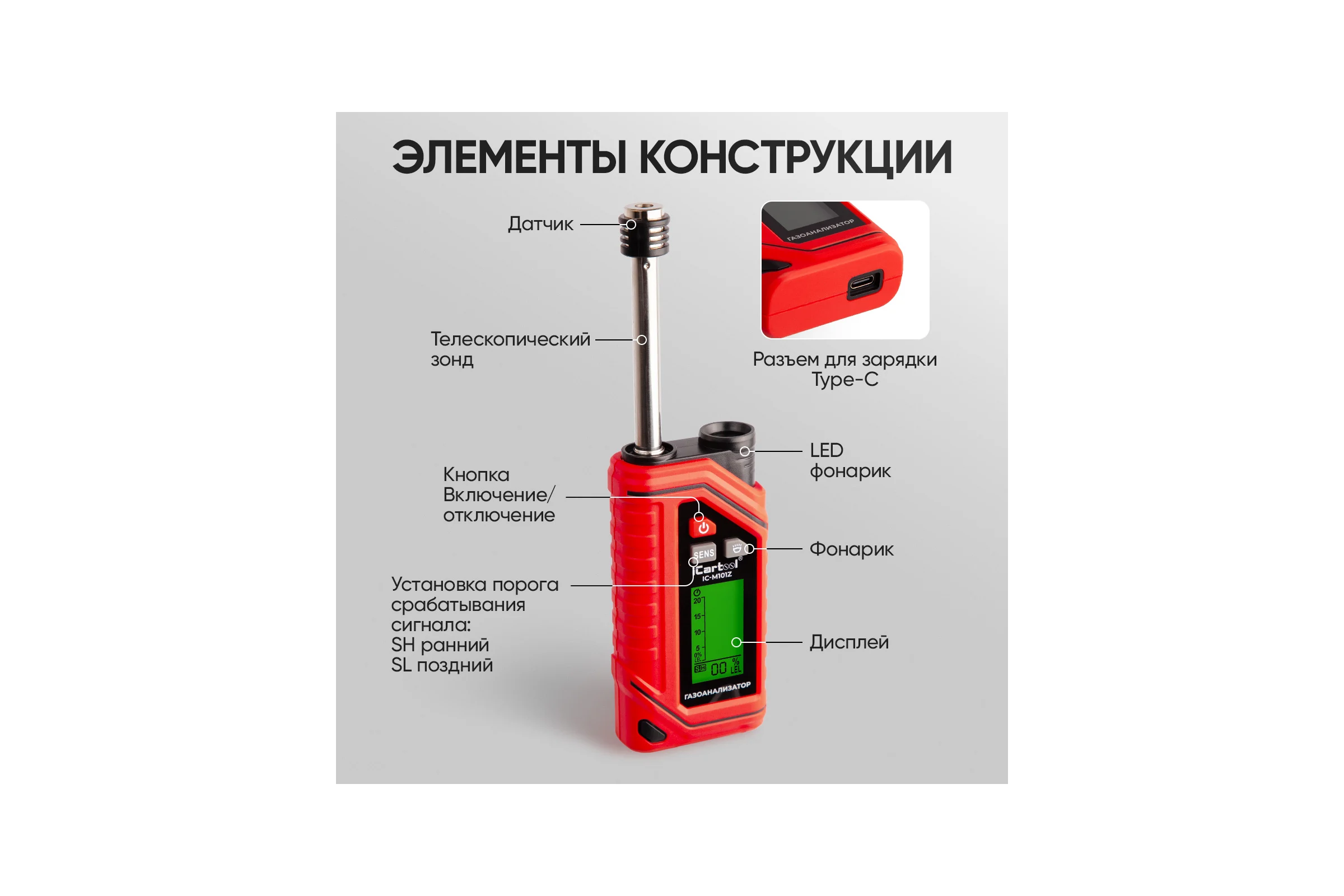 Газоанализатор цифровой на аккумуляторе iCarTool IC-M101Z