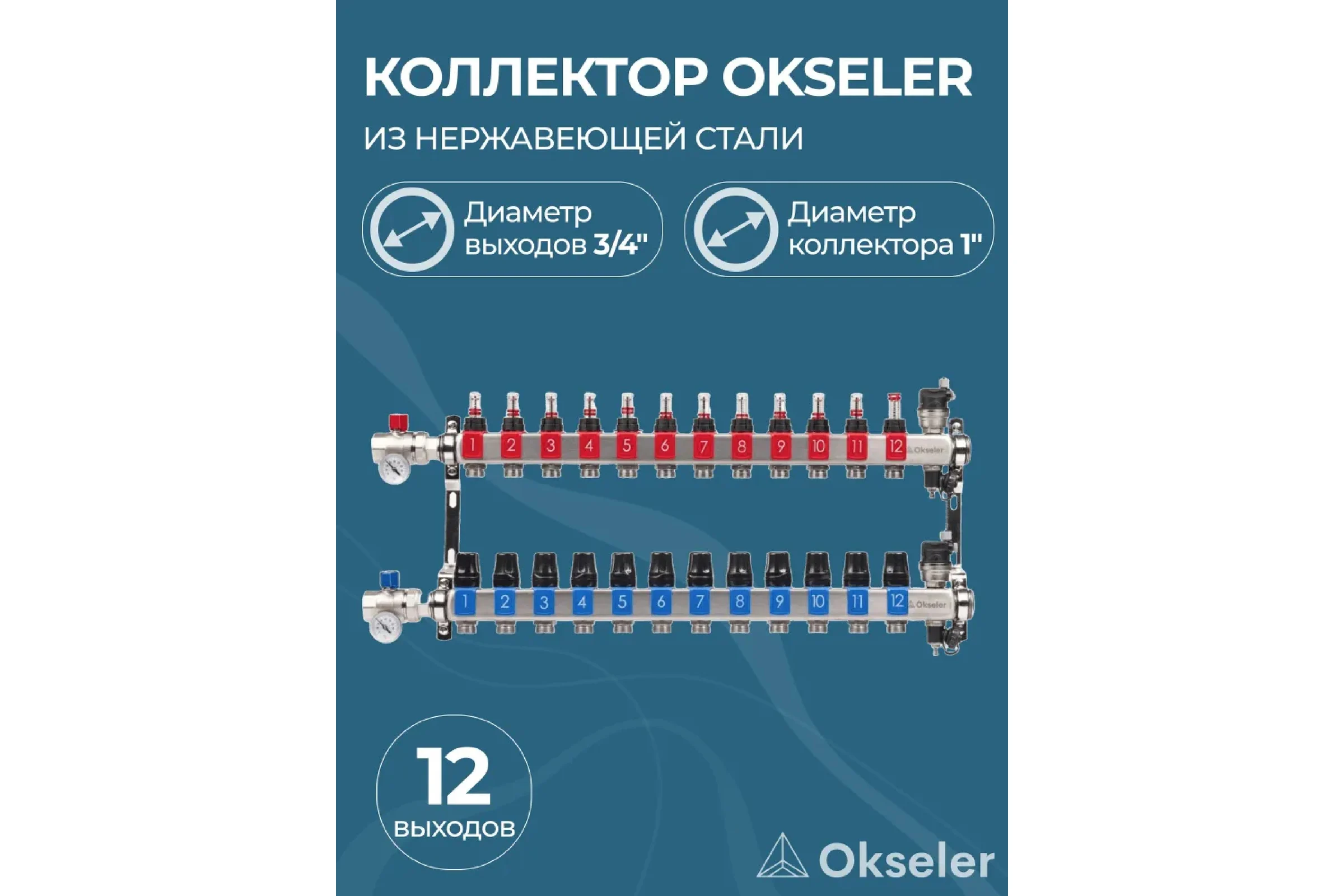 Блоки коллекторные OKSELER с расходомерами и автоматическими воздухоотводчиками, шаровыми кранами с термометрами, 12 выходов Oks00693