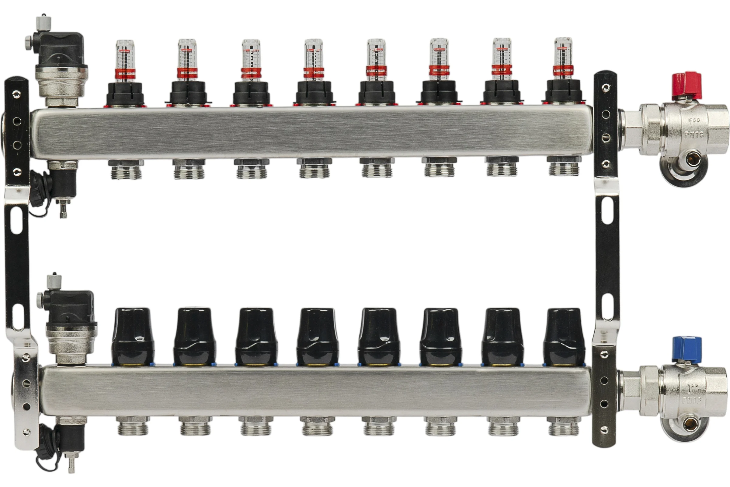 Блоки коллекторные OKSELER с расходомерами и автоматическими воздухоотводчиками, шаровыми кранами с термометрами, 8 выходов Oks00689