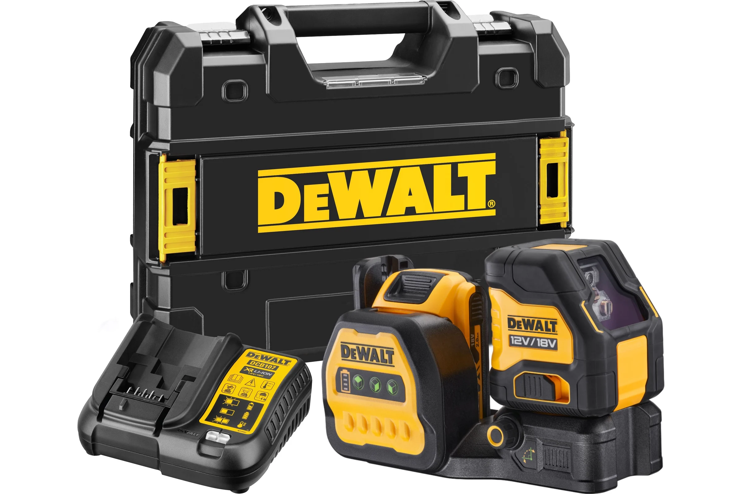 Аккумуляторный лазерный построитель плоскостей Dewalt DCE088D1G18, 12/18 В, зеленый луч, 30 м, с АКБ 2 Ач и ЗУ, в кейсе TSTAK DCE088D1G18-QW