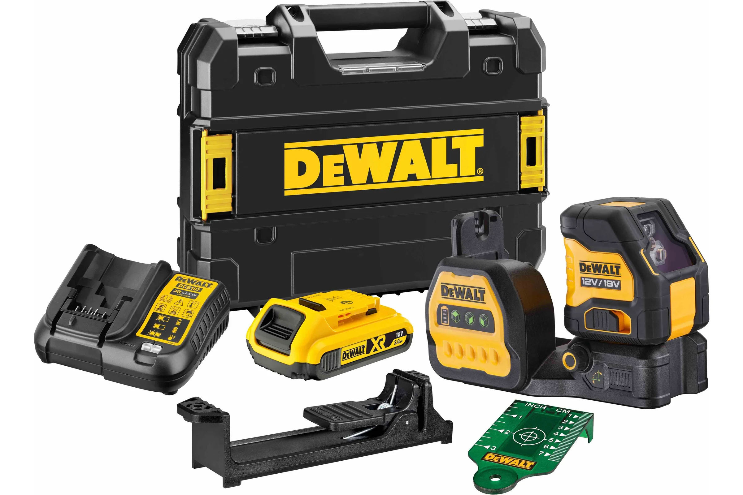 Аккумуляторный лазерный построитель плоскостей Dewalt DCE088D1G18, 12/18 В, зеленый луч, 30 м, с АКБ 2 Ач и ЗУ, в кейсе TSTAK DCE088D1G18-QW