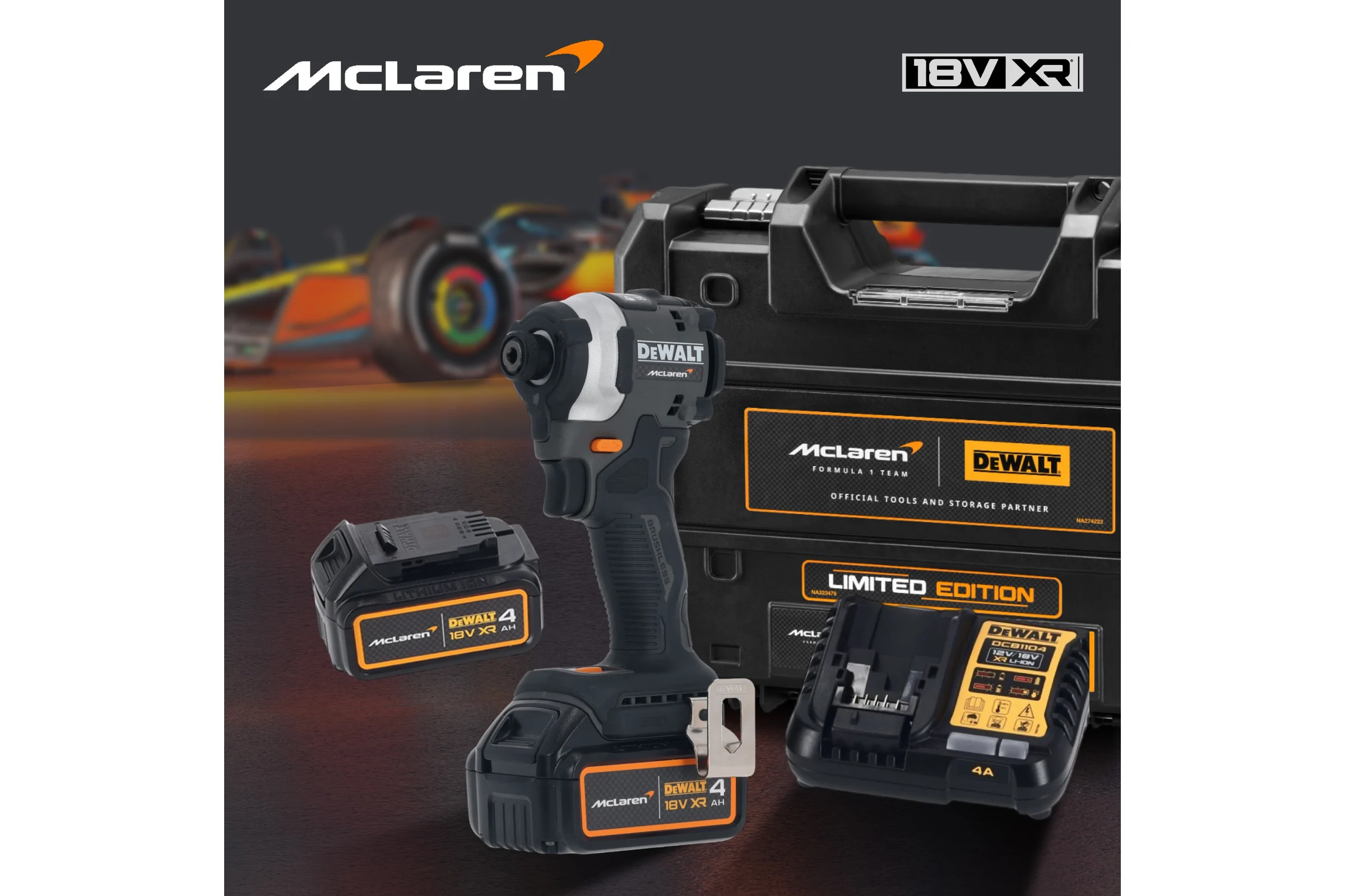 Шуруповерт Dewalt McLaren Limited Edition DCF85MM2T, 18 В, 205 Нм, 3800 уд/мин, с 2 АКБ 4 Ач и ЗУ, в кейсе TSTAK DCF85MM2T-QW