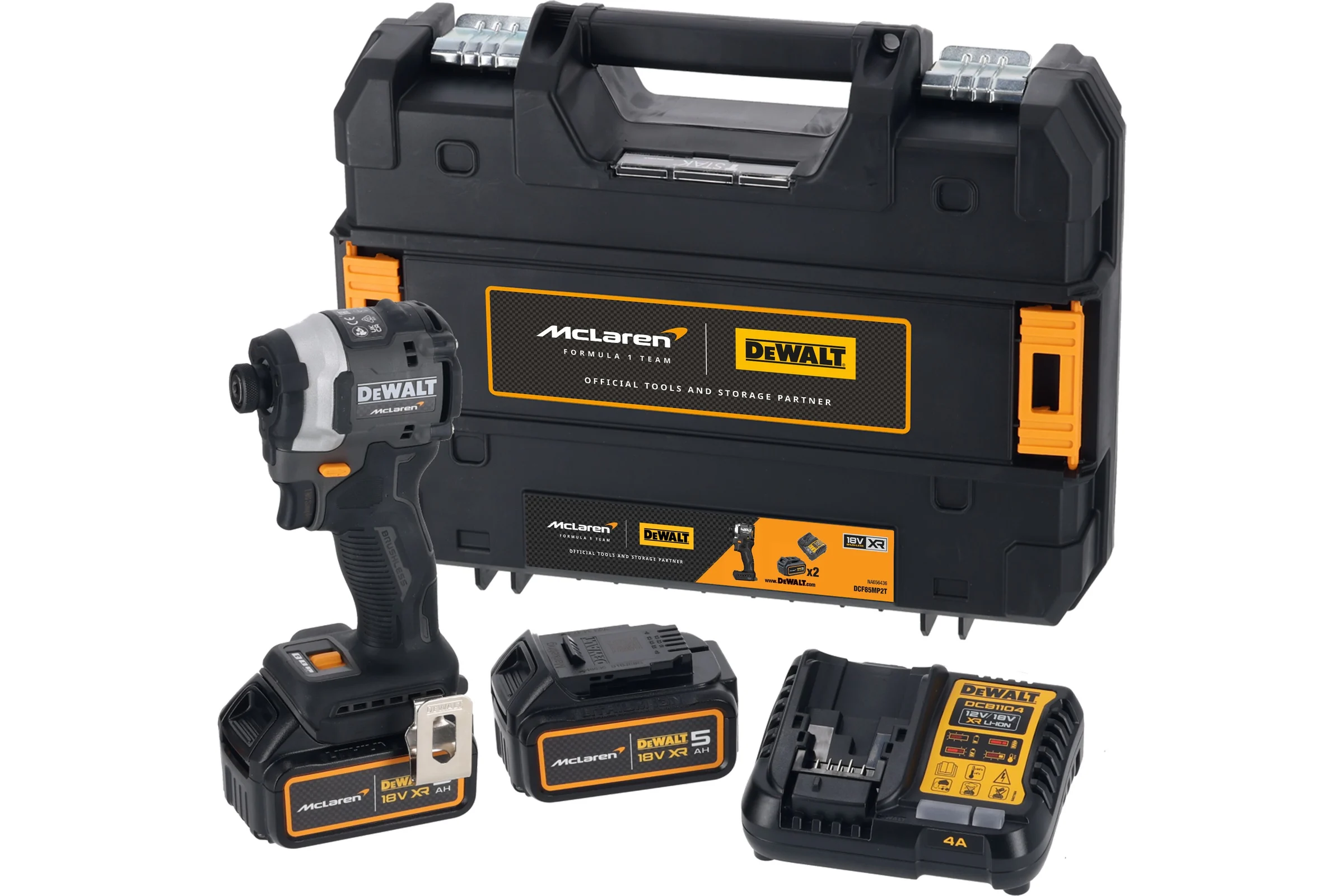 Шуруповерт Dewalt McLaren Limited Edition DCF85MP2T, 18 В, 205 Нм, 3800 уд/мин, с 2 АКБ 5 Ач и ЗУ, в кейсе TSTAK DCF85MP2T-QW