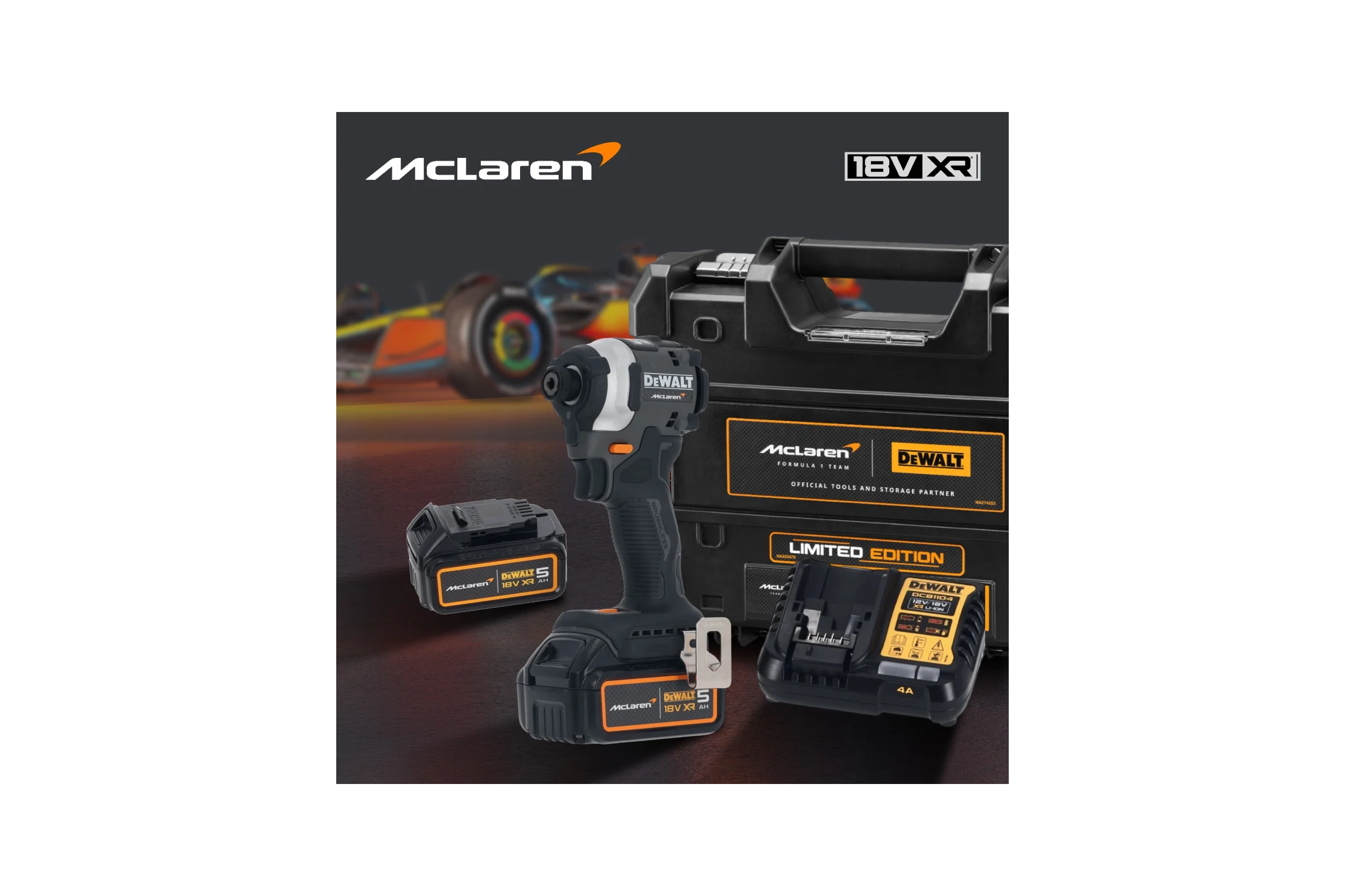 Шуруповерт Dewalt McLaren Limited Edition DCF85MP2T, 18 В, 205 Нм, 3800 уд/мин, с 2 АКБ 5 Ач и ЗУ, в кейсе TSTAK DCF85MP2T-QW