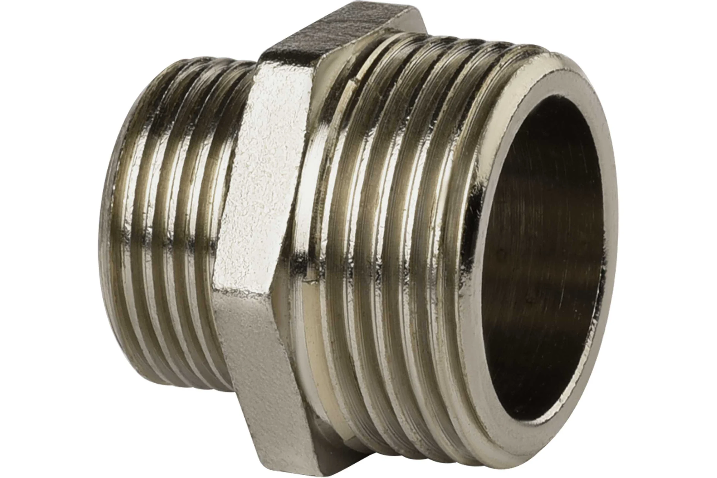 Ниппель переходной ДМЗ DN10x15 (3/8"НР х 1/2"НР) латунь никель (упаковка 3 шт) ДМЗ.006.10х15Н3