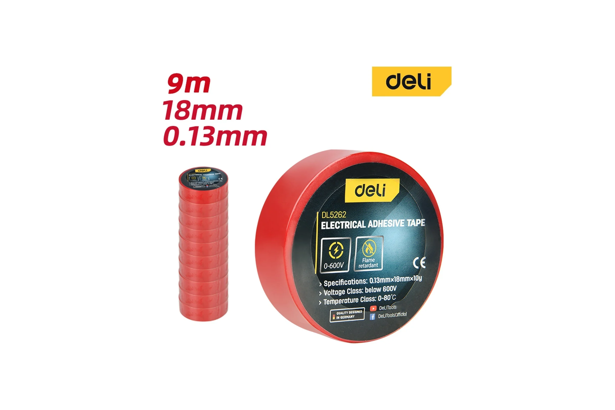 Изолента Deli красная 9м х 18мм х 0,13мм DL5262 (напряжение до 600В, 0-80 грд., ПВХ) 205048