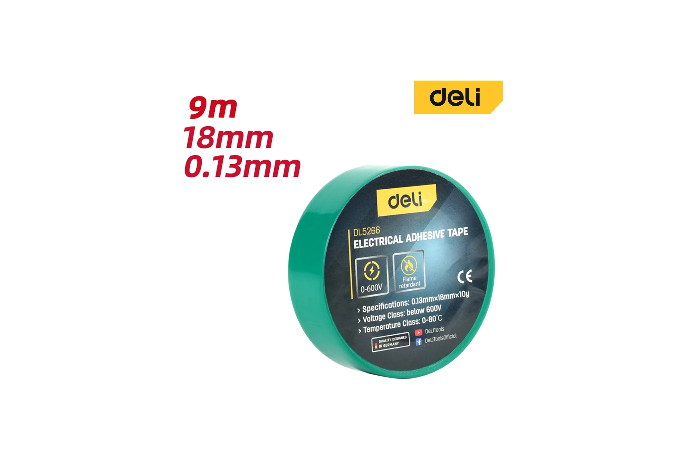 Изолента Deli зеленая 9м х 18x0,13мм DL5266 (напряжение до 600В, 0-80 град, ПВХ) 205051
