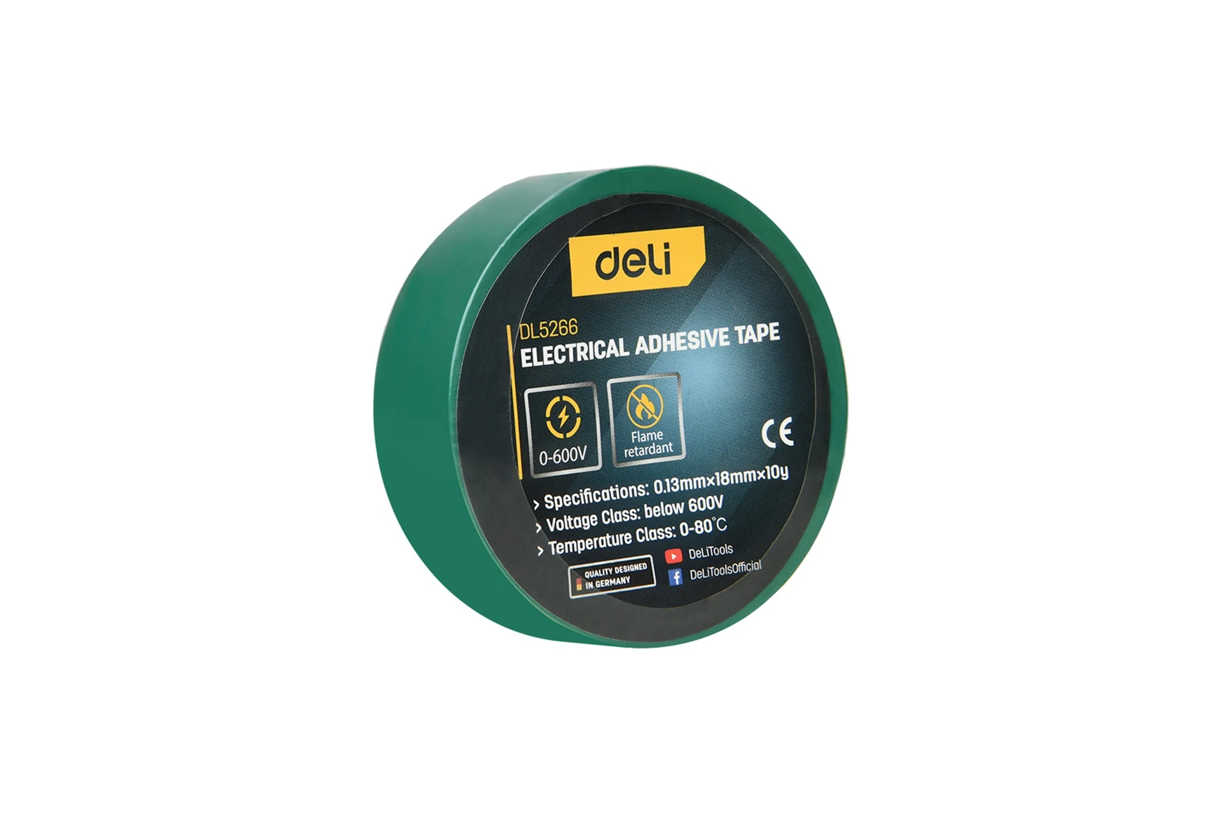 Изолента Deli зеленая 9м х 18x0,13мм DL5266 (напряжение до 600В, 0-80 град, ПВХ) 205051