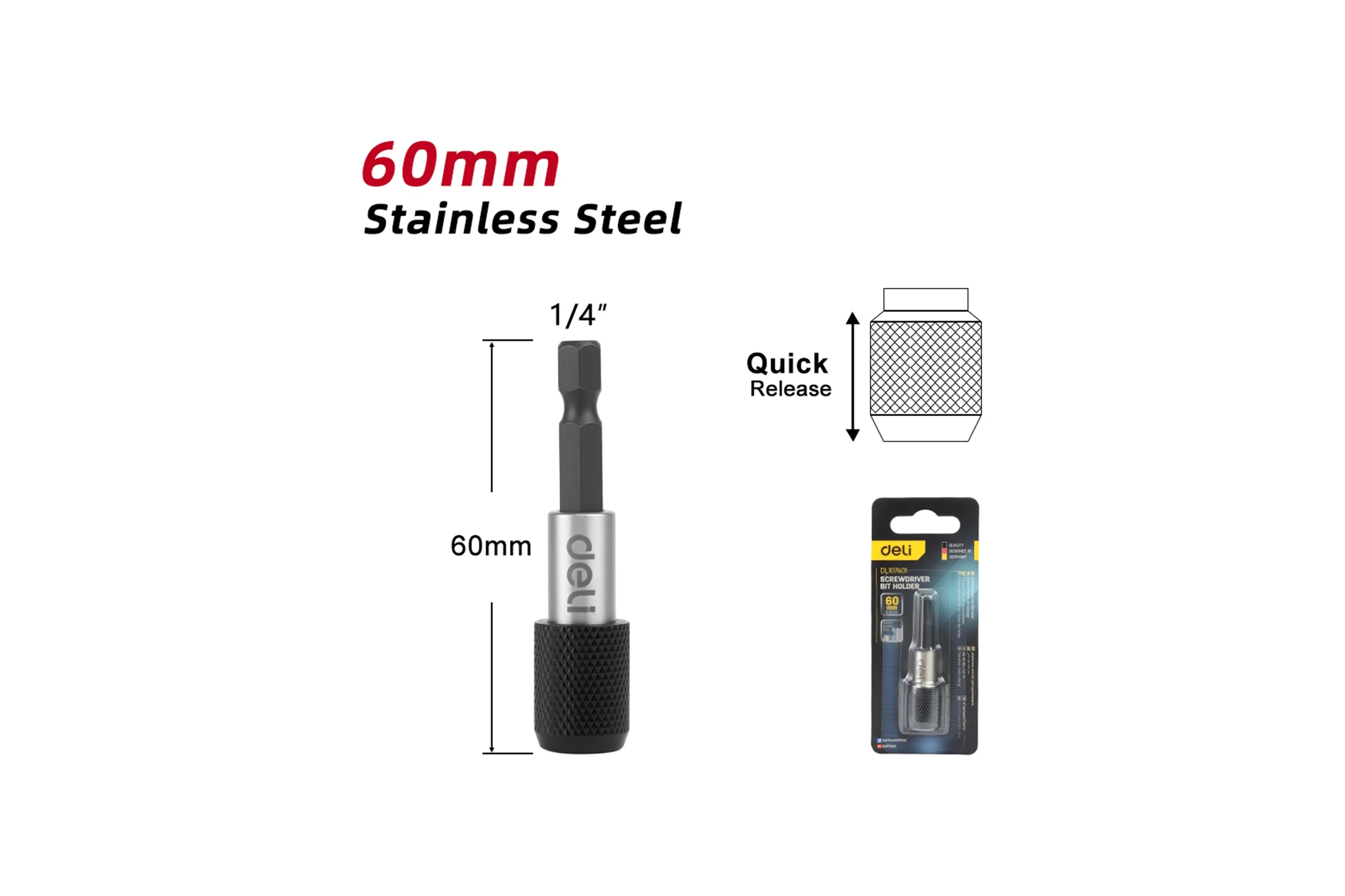 Держатель для бит Deli 1/4 быстросъемный магнитный с фиксатором 60мм DL107401 196838