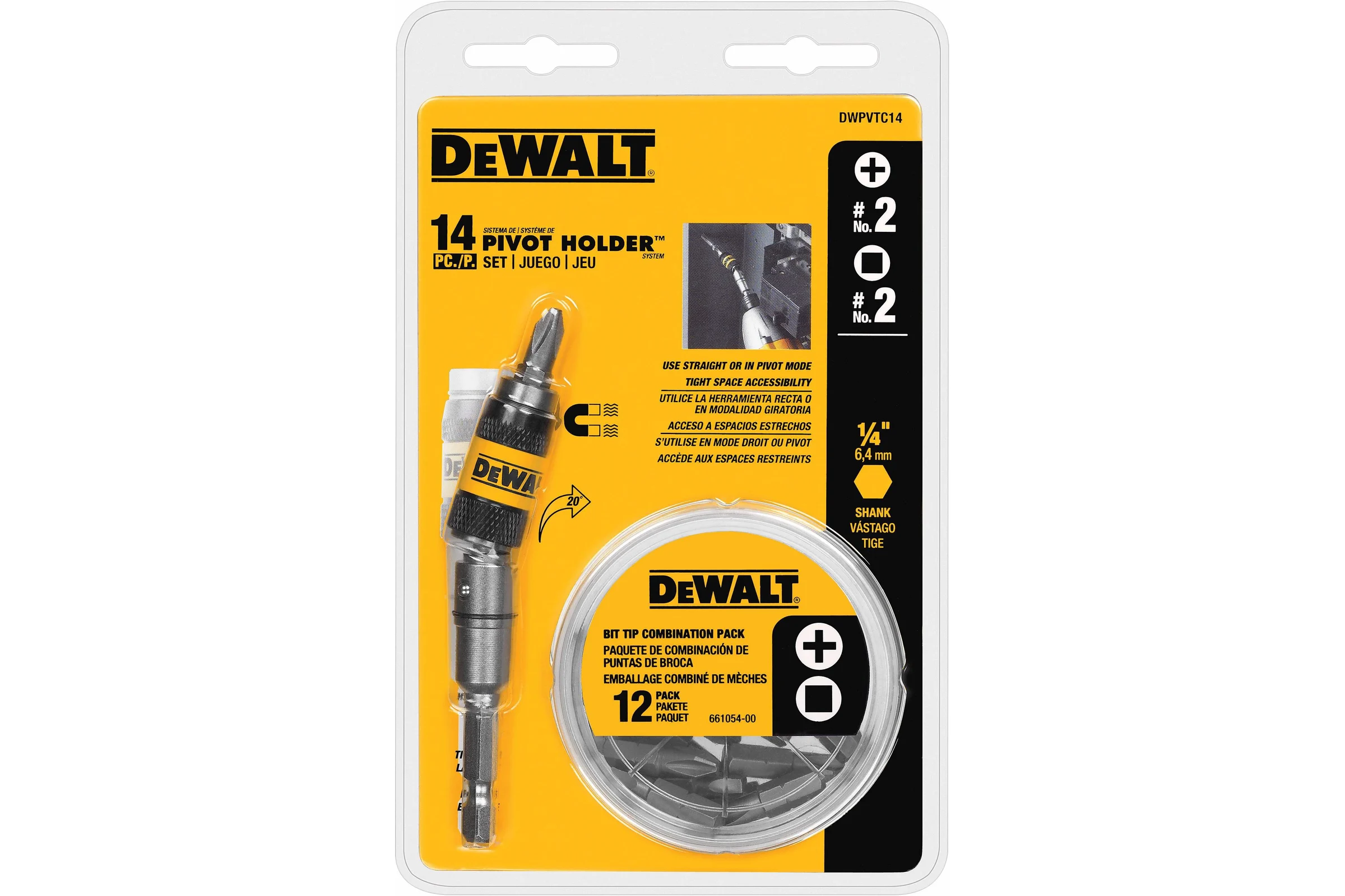 Набор бит DEWALT DWPVTC14, с магнитным держателем, PH2/SQ2, 25 мм, 14 шт DWPVTC14-XJ