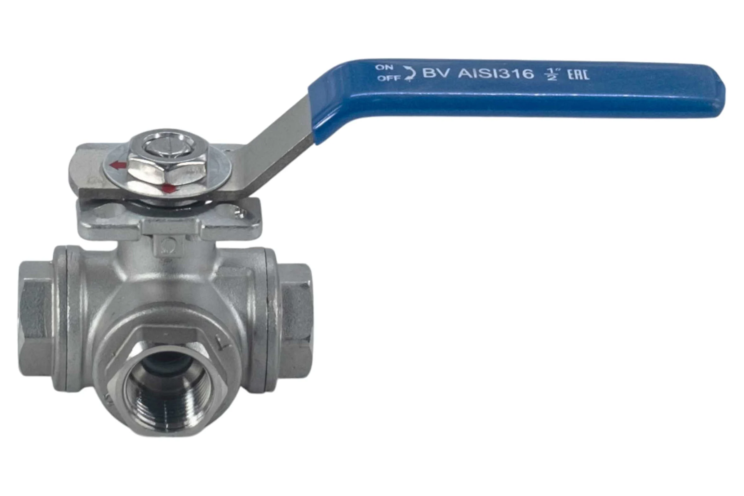 Кран шаровый трехходовой (T-тип) нержавеющий NEWKEY AISI316 DN15 (1/2"), (CF8M), PN64 NK-BTt15/6