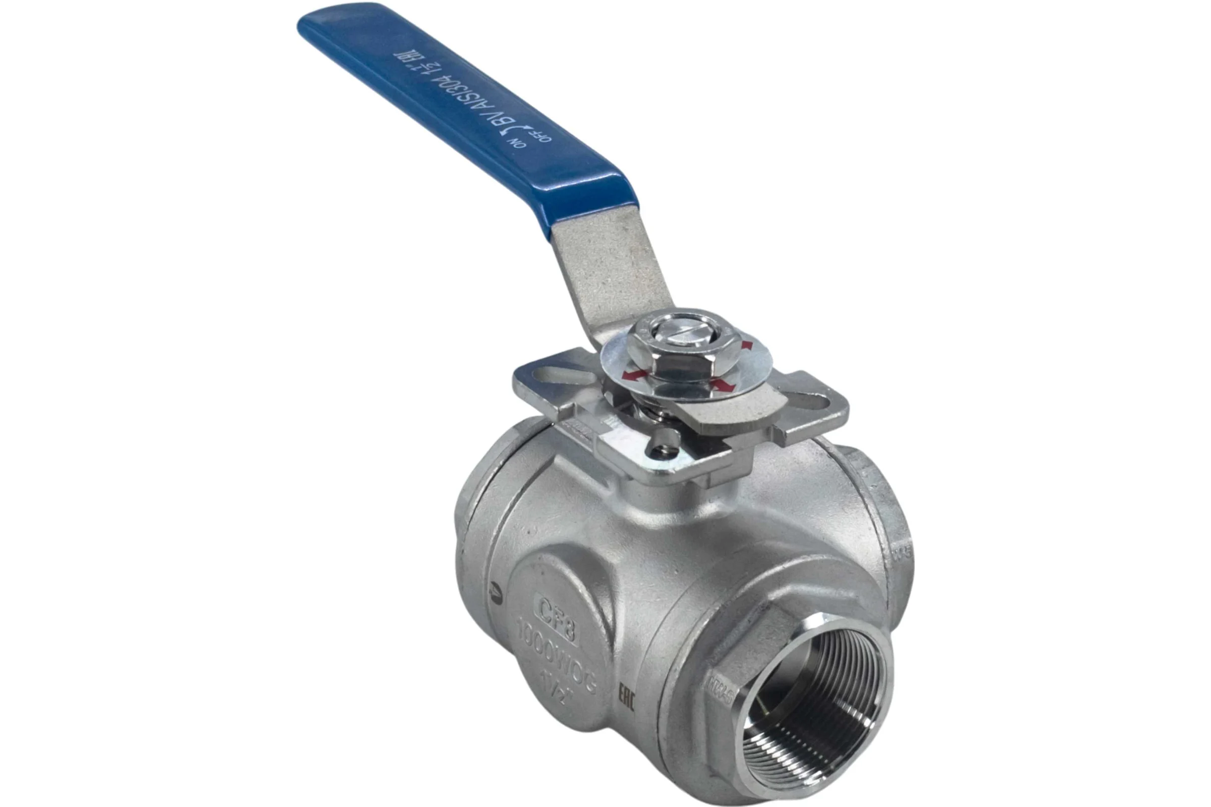 Кран шаровый трехходовой (T-тип) нержавеющий NEWKEY AISI304 DN32 (1_1/4"), (CF8), PN40 NK-BTt32/4