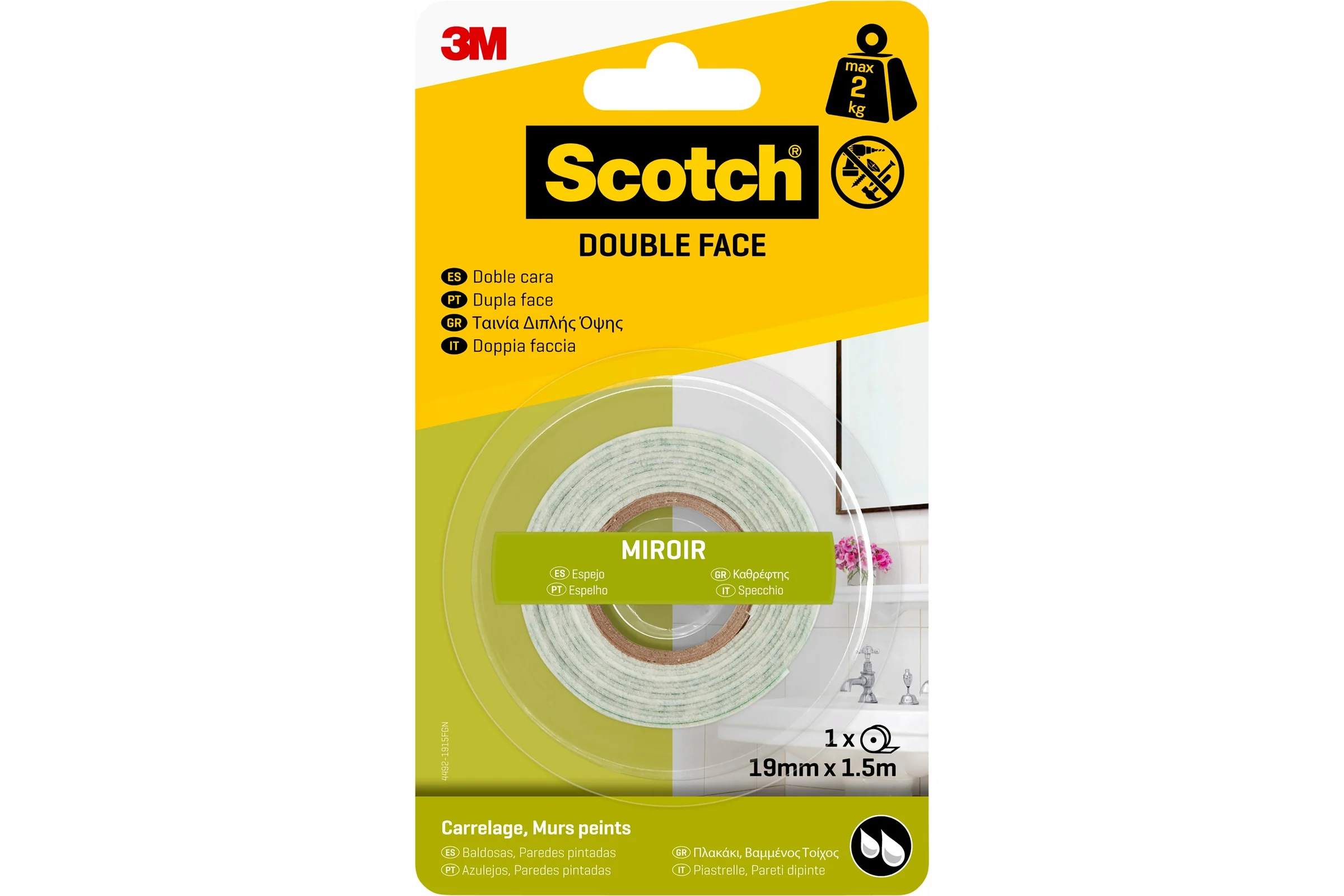 Клейкая монтажная влагостойкая лента для зеркал 3М Scotch 4492-1915FGN, 19мм х 1,5м 7100148202