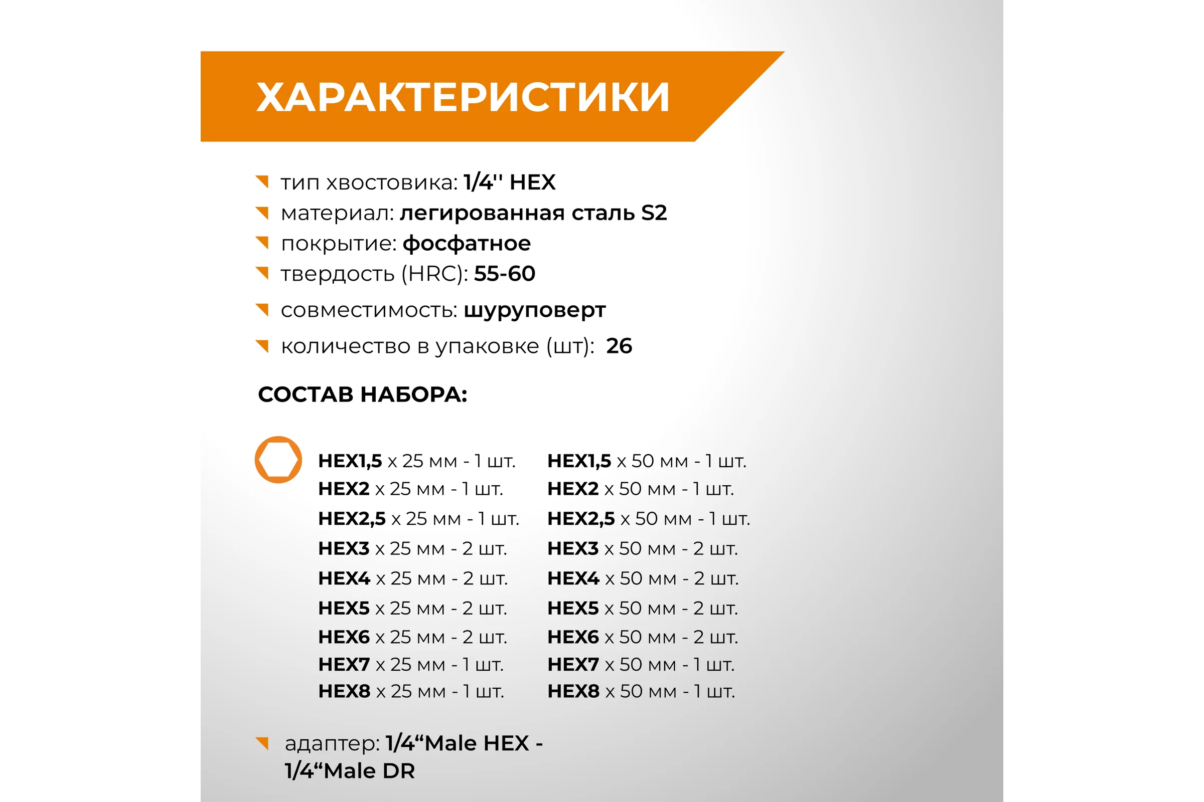 Набор бит торсионных RAGE S2 HEX х 25 мм, 50 мм с держателем, 27 предметов 303270