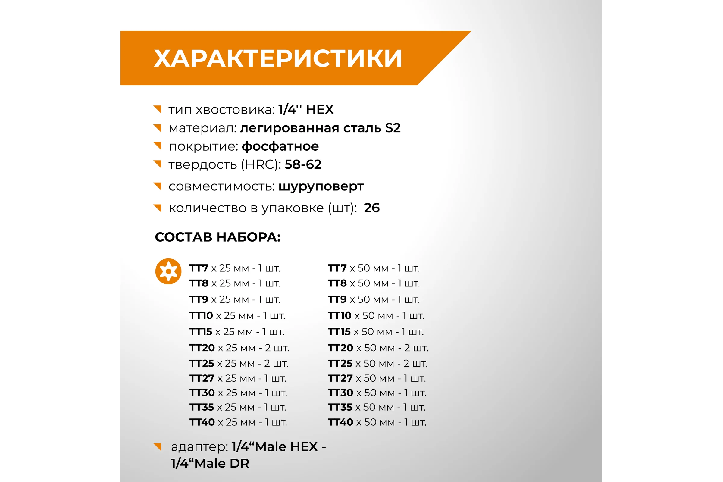 Набор бит торсионных RAGE S2 TORX х 25 мм, 50 мм с держателем, 27 предметов 303271
