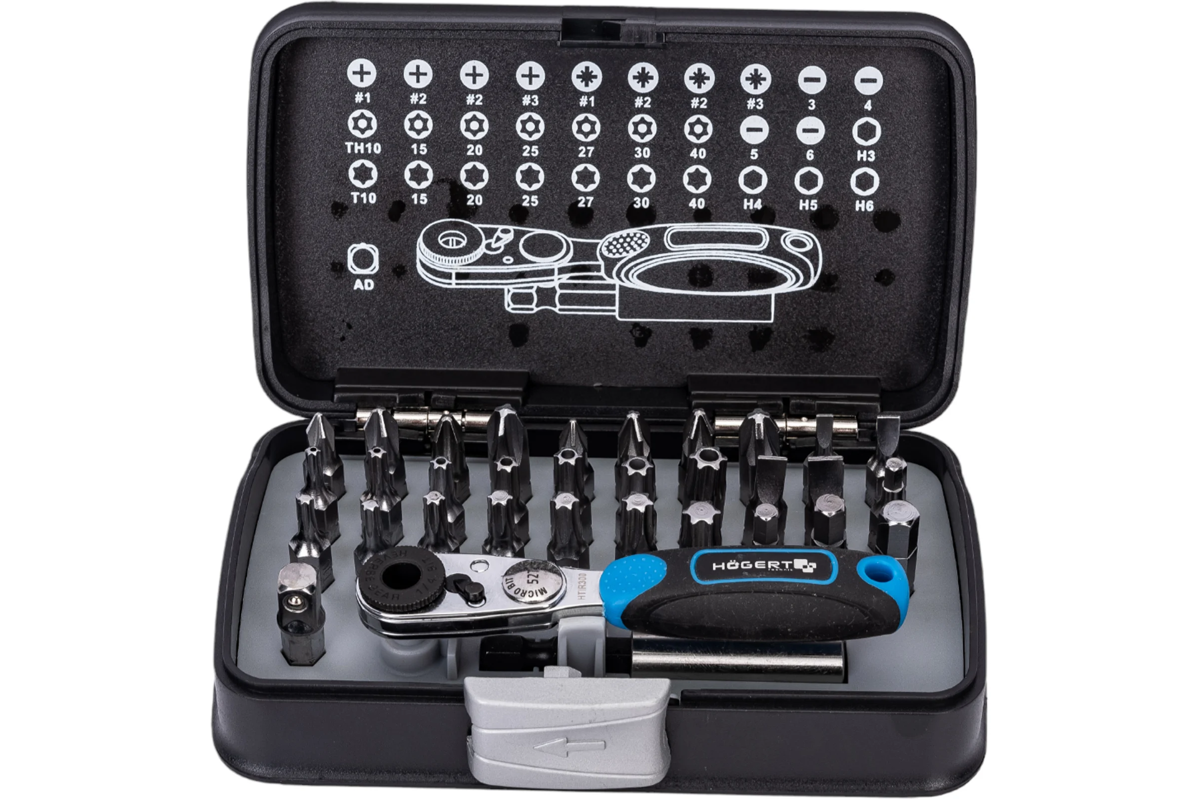Набор бит с трещоткой HOEGERT TECHNIK 1/4 , SL, PH, PZ, HEX, Torx, Torx c отверстием  33 шт. HT1R460