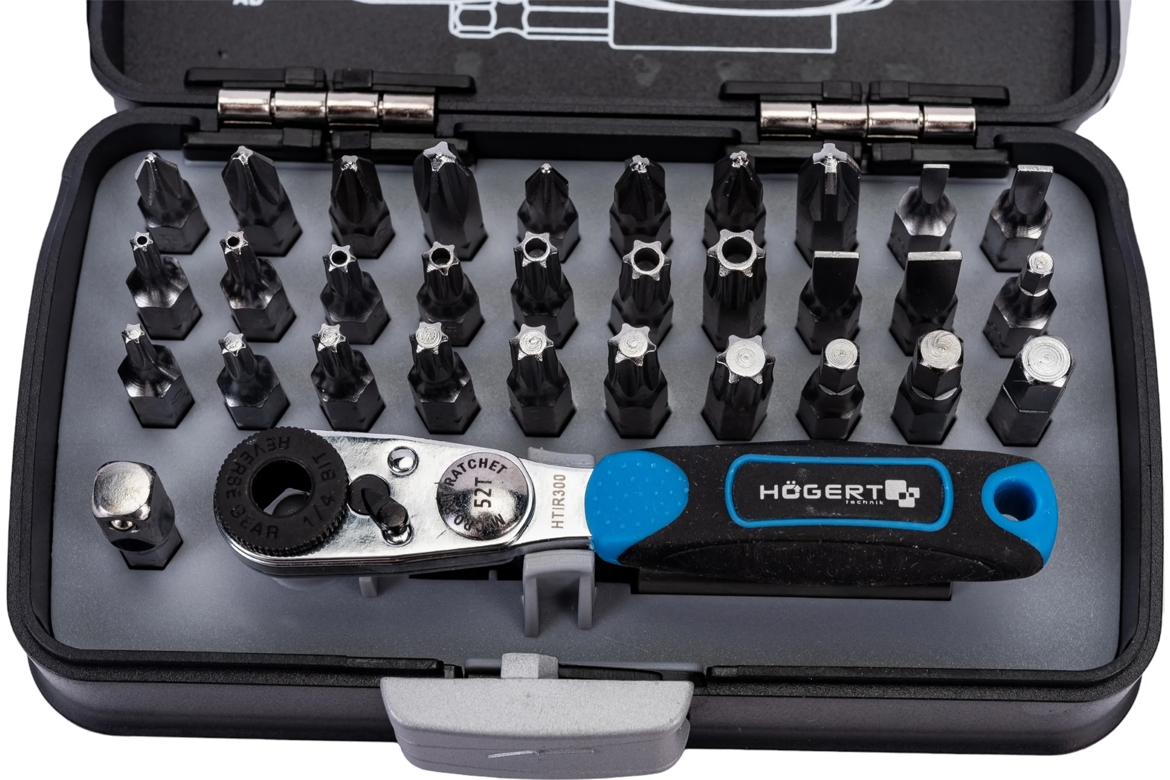 Набор бит с трещоткой HOEGERT TECHNIK 1/4 , SL, PH, PZ, HEX, Torx, Torx c отверстием  33 шт. HT1R460