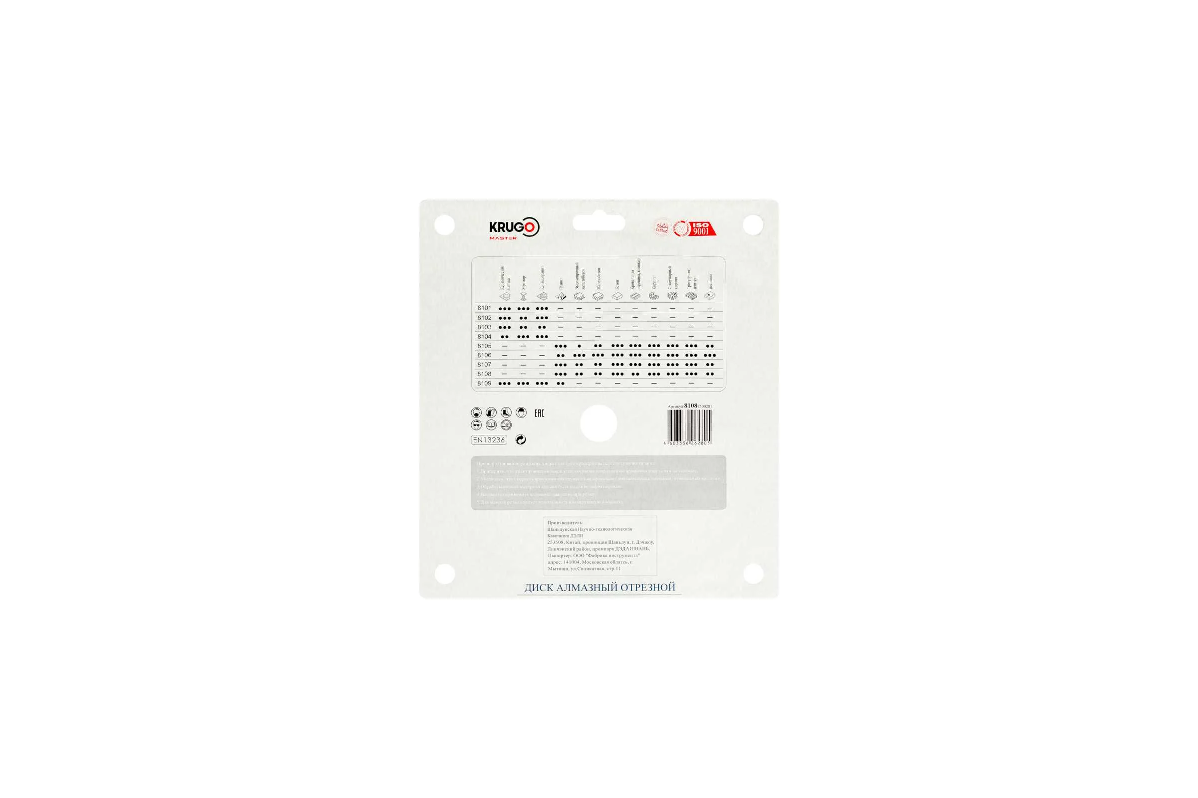 Диск алмазный сплошной ультратонкий KRUGO MASTER 250х2.6х22.2х10 мм 81082500281