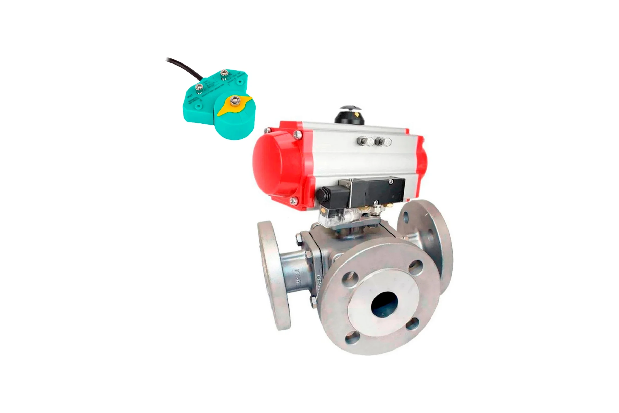 Кран шаровой 316-316-PTFE L-тип Ду80 Ру16 пн.привод, пневмораспр, магн. перекл-ль DN.ru D160-62922