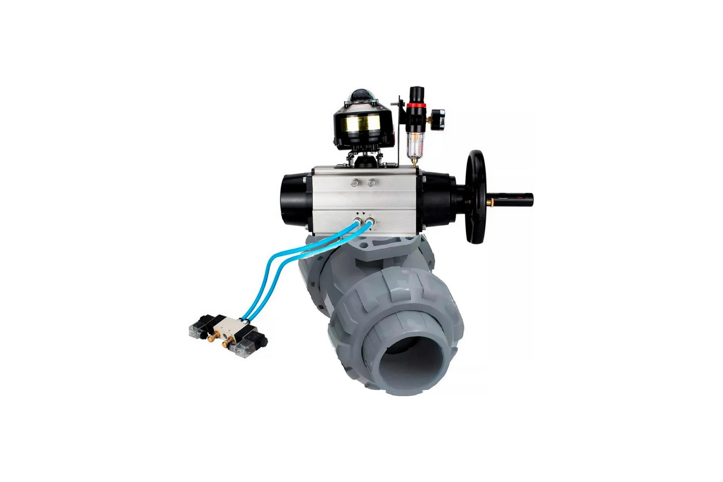 Кран шаровой DN.ru НПВХ-НПВХ-E-FP-GRM-ISO Дн40 Ру10, пневмопривод, пневмораспр., БКВ, БПВ D160-67428