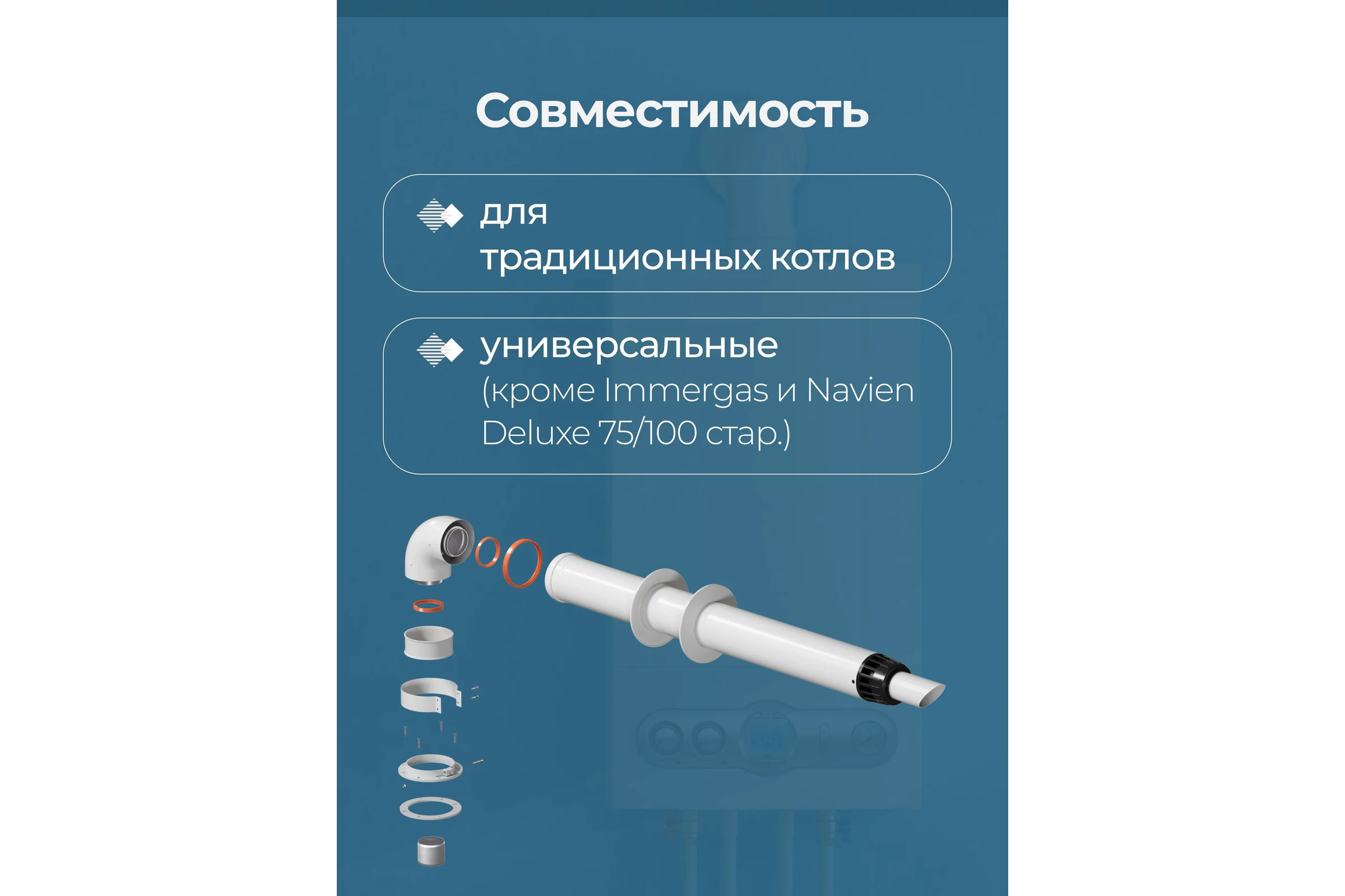 Комплект дымохода Okseler антилед универсальный 60/100 - 1220мм (кроме Immergas и Navien Deluxe 75/100 стар.) oks00060
