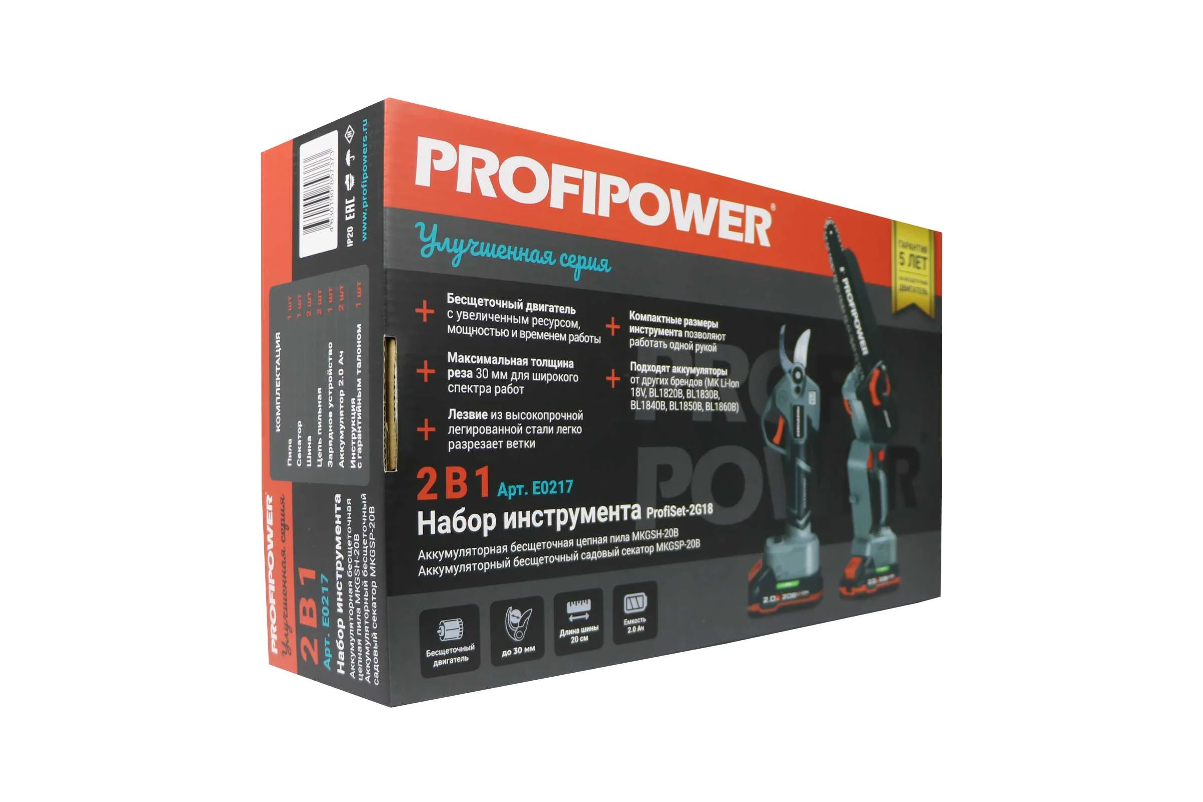 Аккумуляторный бесщеточный набор Profipower 2в1 ProfiSet-2G20 (Li-ion-2шт 20В, 2.0Ач, З/У, в кейсе, E0099, E0216) E0217