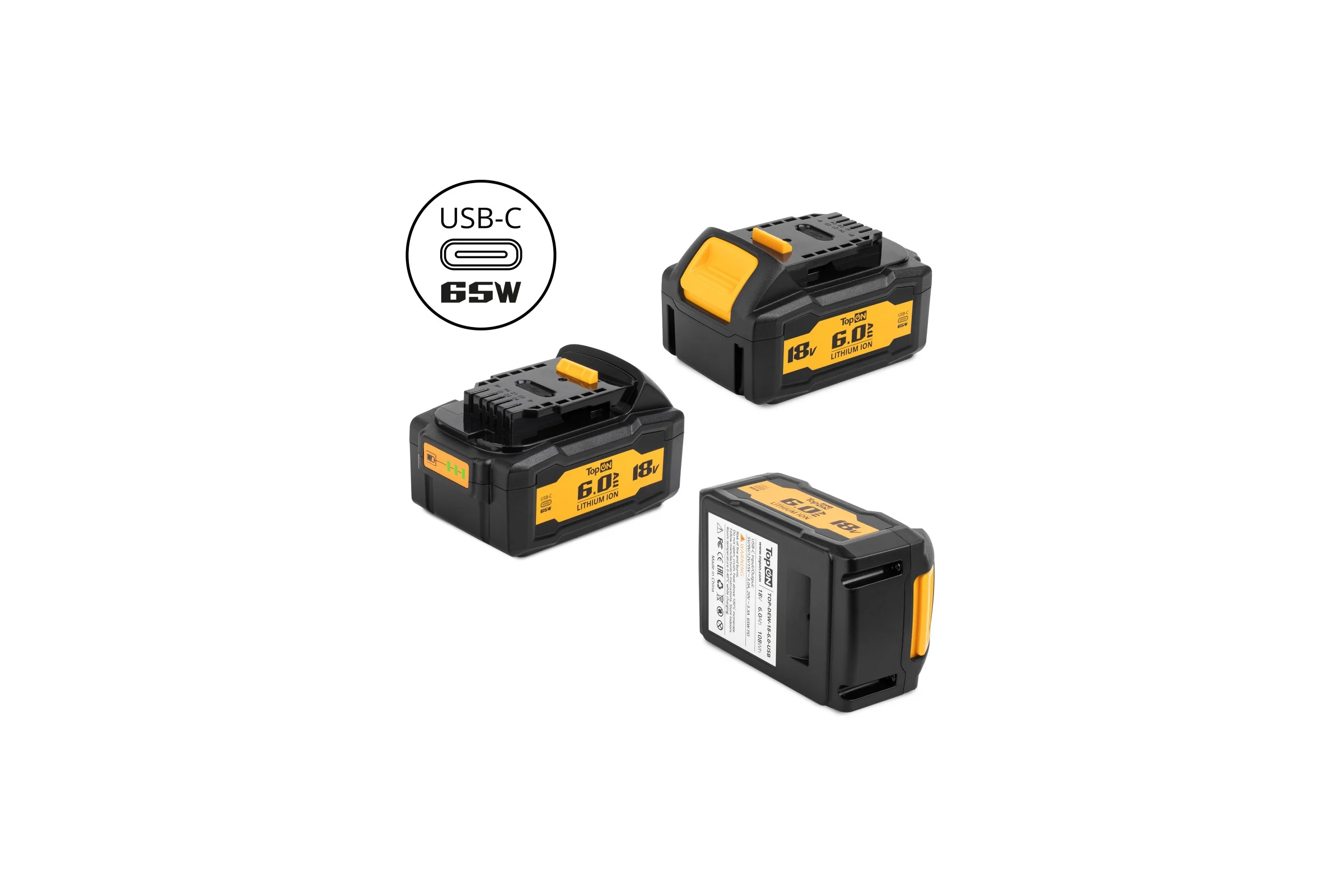 Аккумулятор TopOn 18V 6.0Ah (Li-ion) с USB портом. PN: DCB184 TOP-DEW-18-6.0-USB